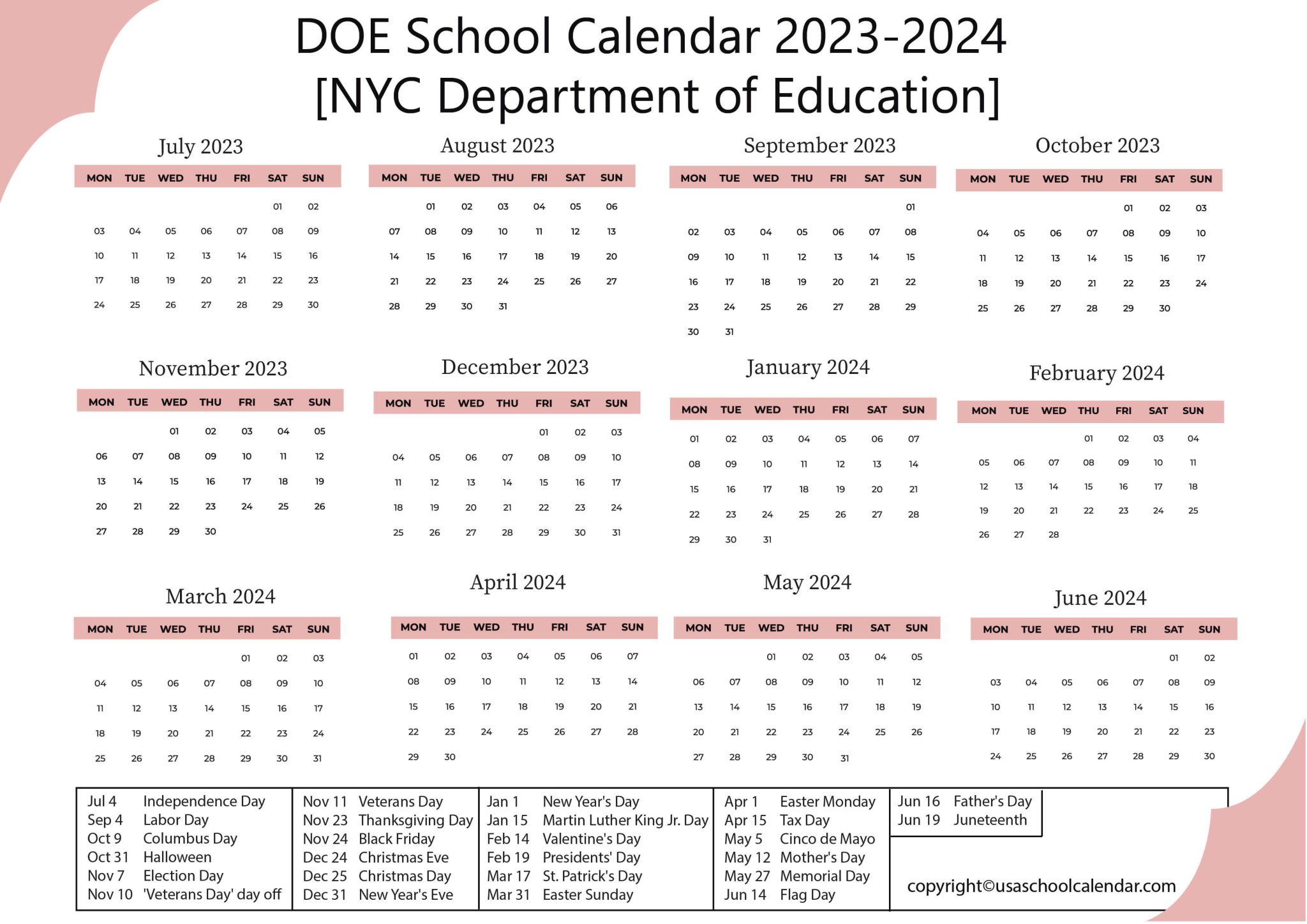 DOE School Calendar 20232024 [NYC Department of Education]