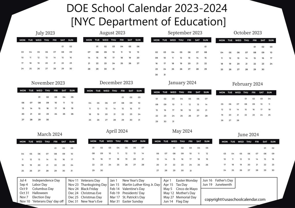 NYC Department of Education Calendar
