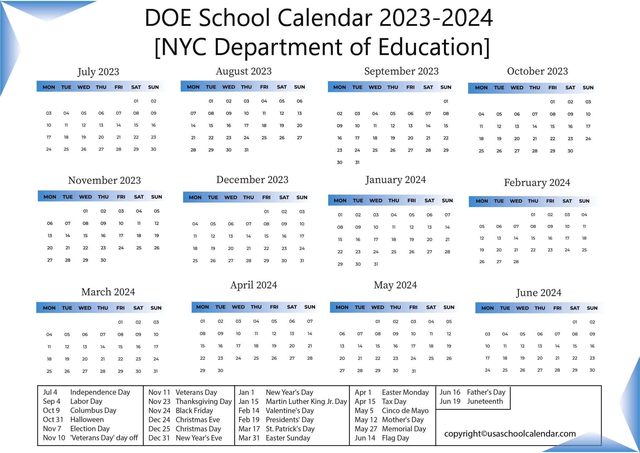 DOE School Calendar 2023-2024 [NYC Department of Education]