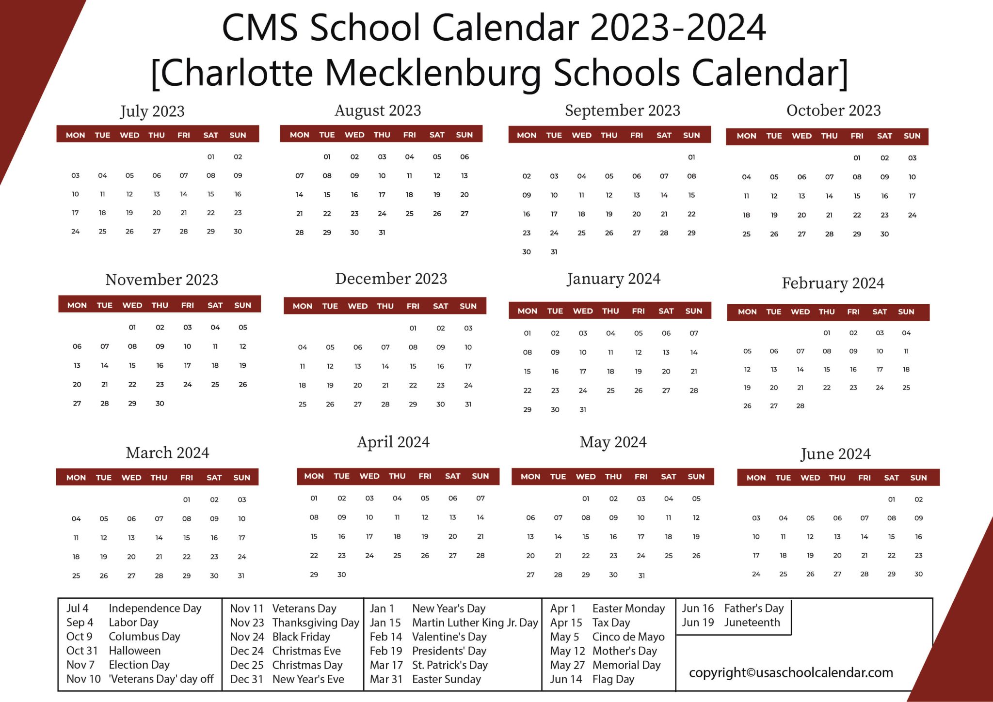 CMS School Calendar 2023 24 Charlotte Mecklenburg Schools