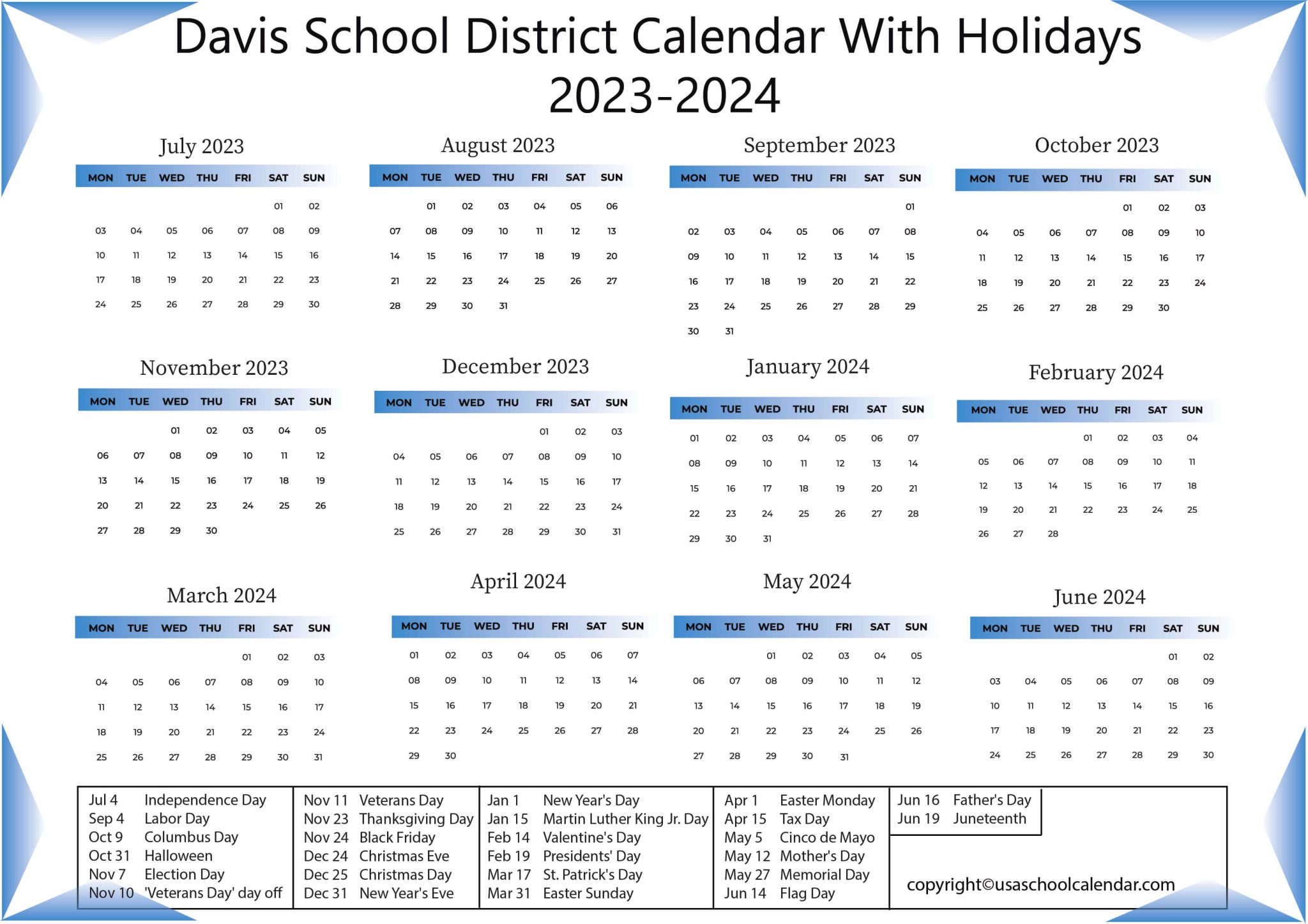 Davis School District Calendar with Holidays 20232024