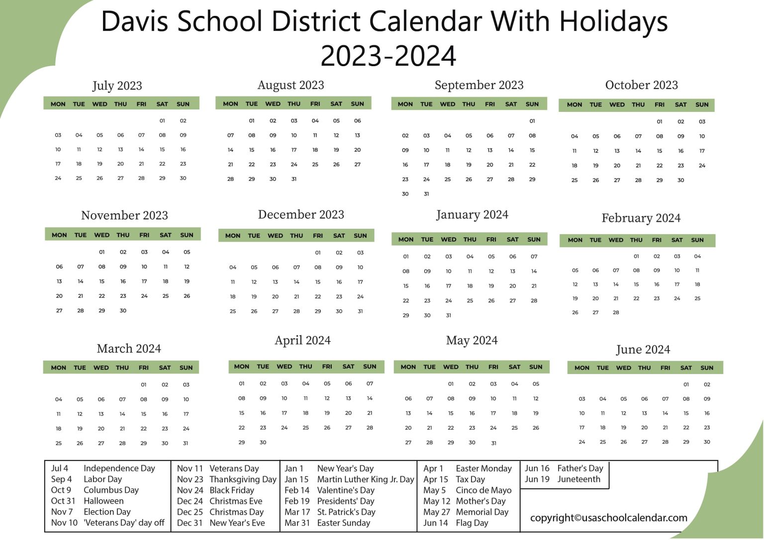 Davis School District Calendar with Holidays 2023-2024