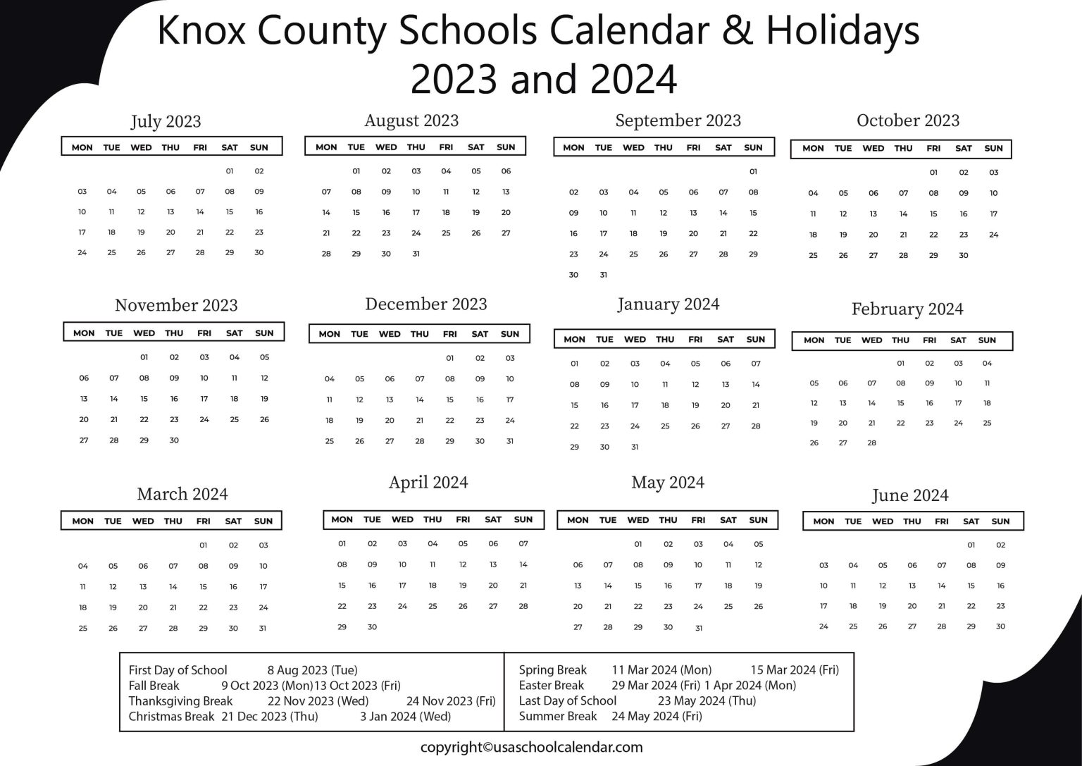 Knox County Schools Calendar & Holidays 2023 and 2024