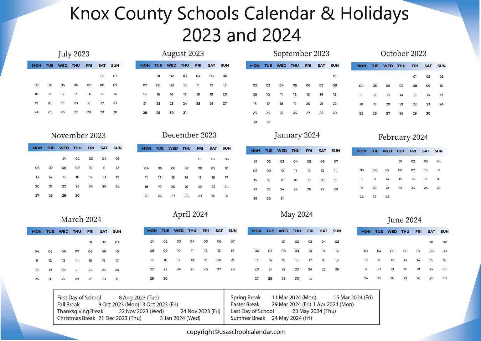 Knox County Schools Calendar Holidays 2023 and 2024