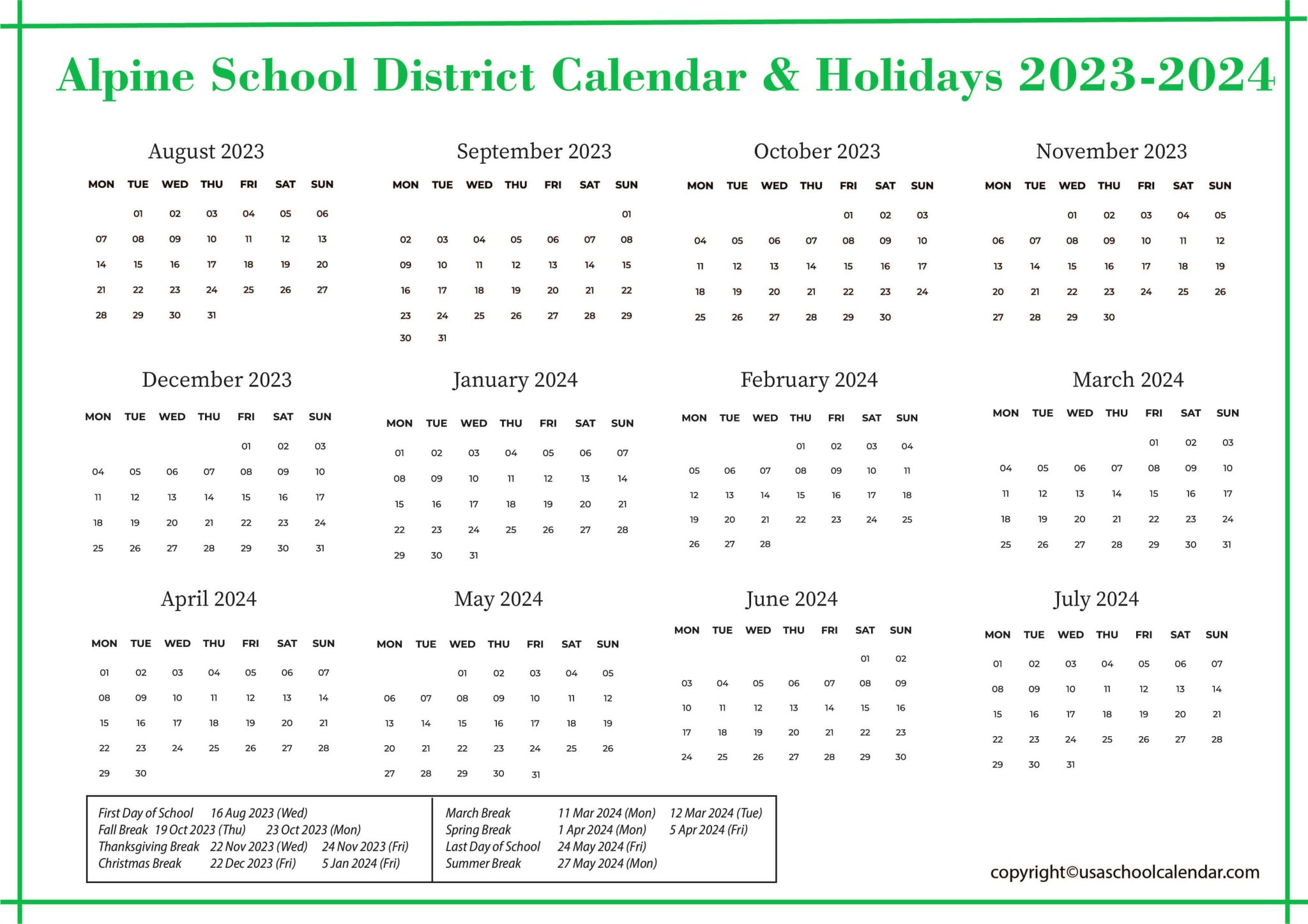 Alpine School District Calendar & Holidays 20232024