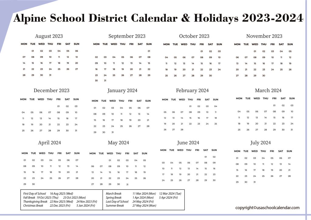 Alpine School District Calendar & Holidays 2023-2024 3