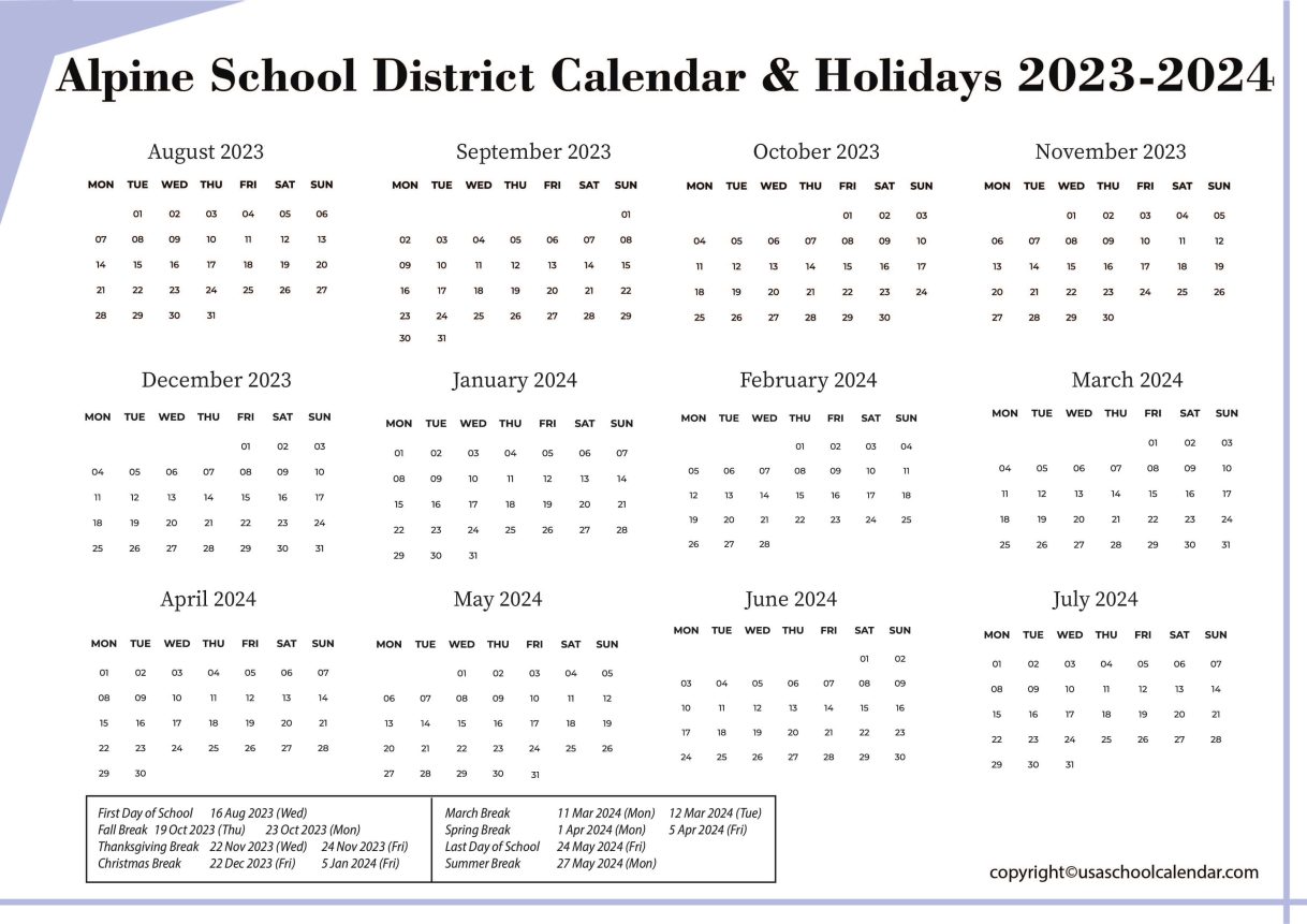 Alpine School District Calendar & Holidays 2023-2024
