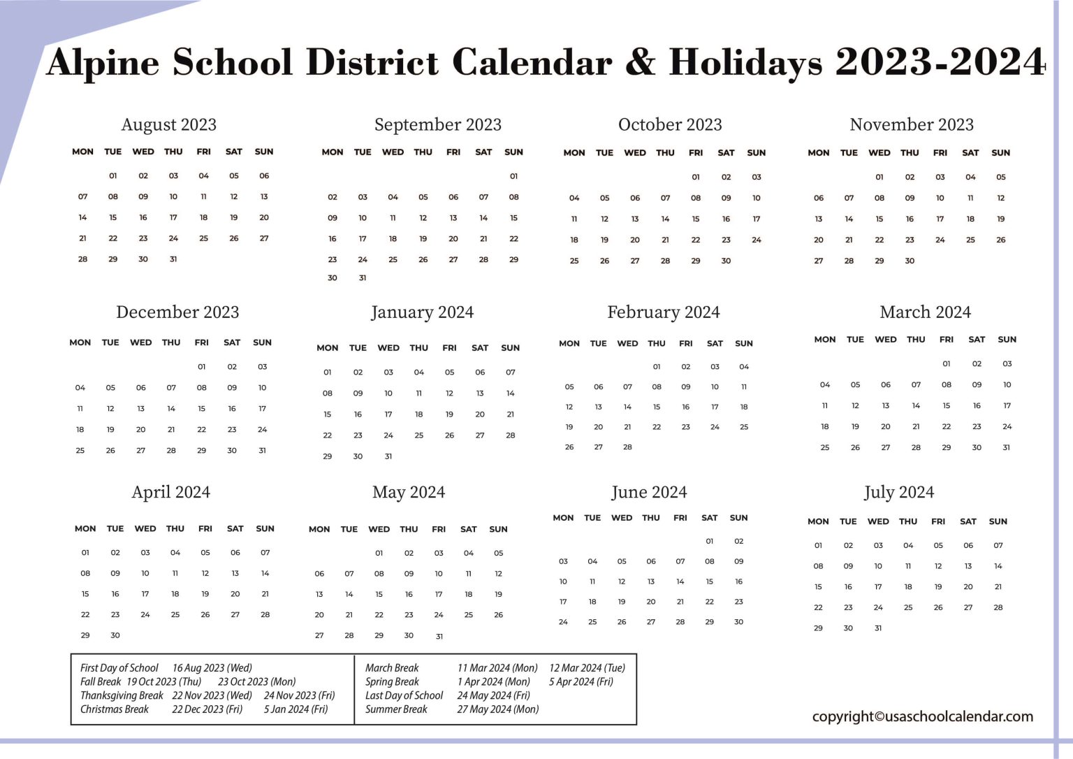 Alpine School District Calendar Holidays 2023 2024