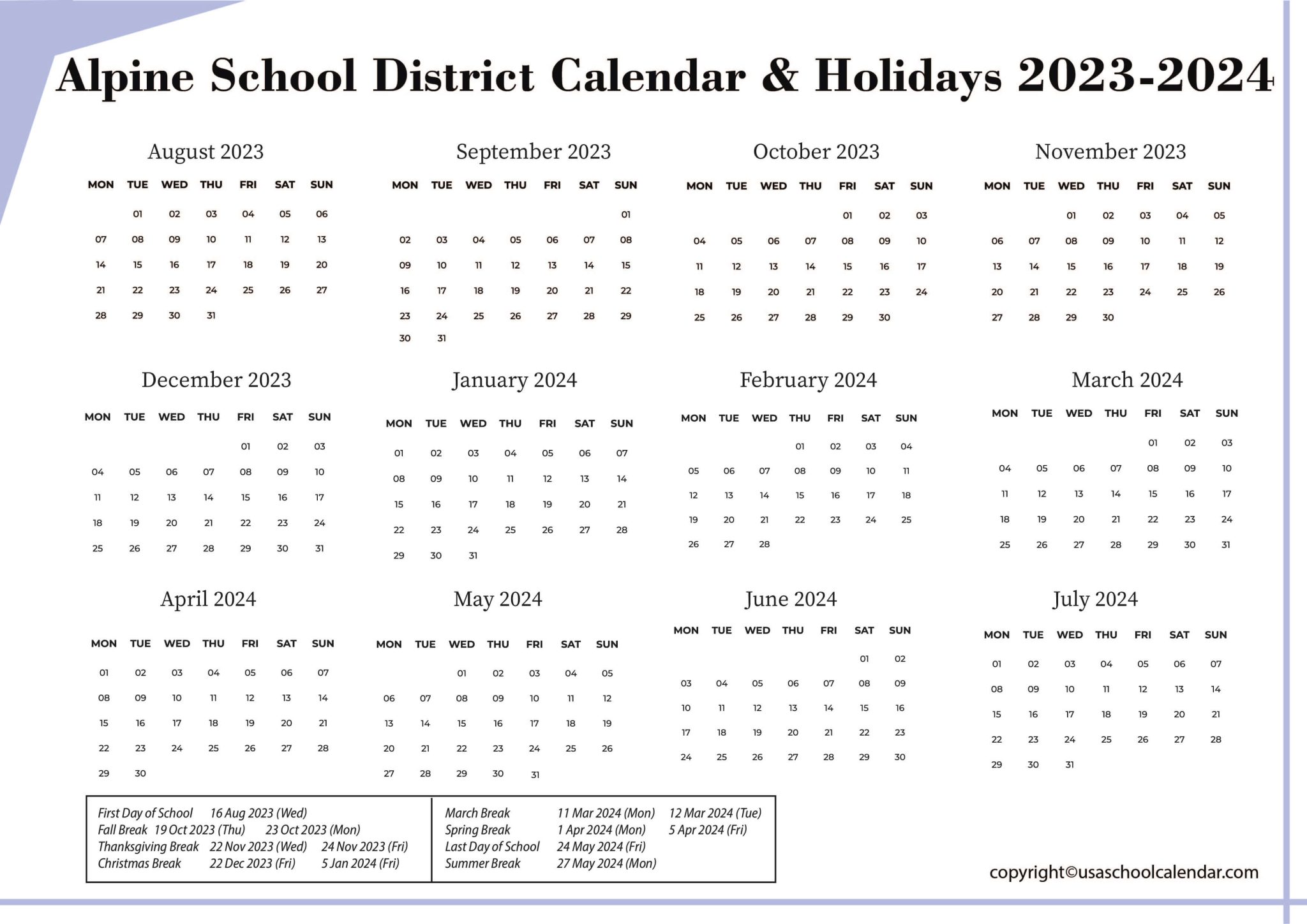 Alpine School District Calendar & Holidays 20232024