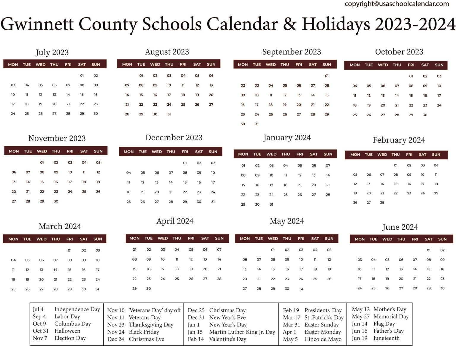 County Schools Calendar & Holidays 20232024