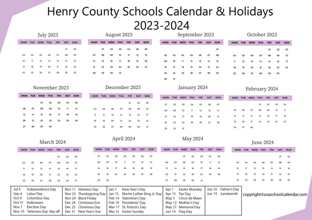 Henry County School Calendar