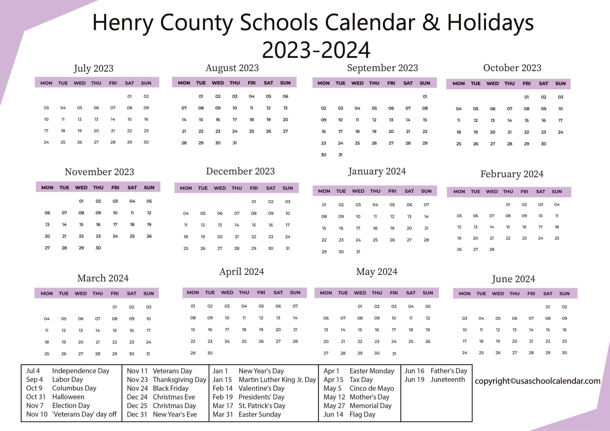 Henry County Schools Calendar & Holidays 20232024