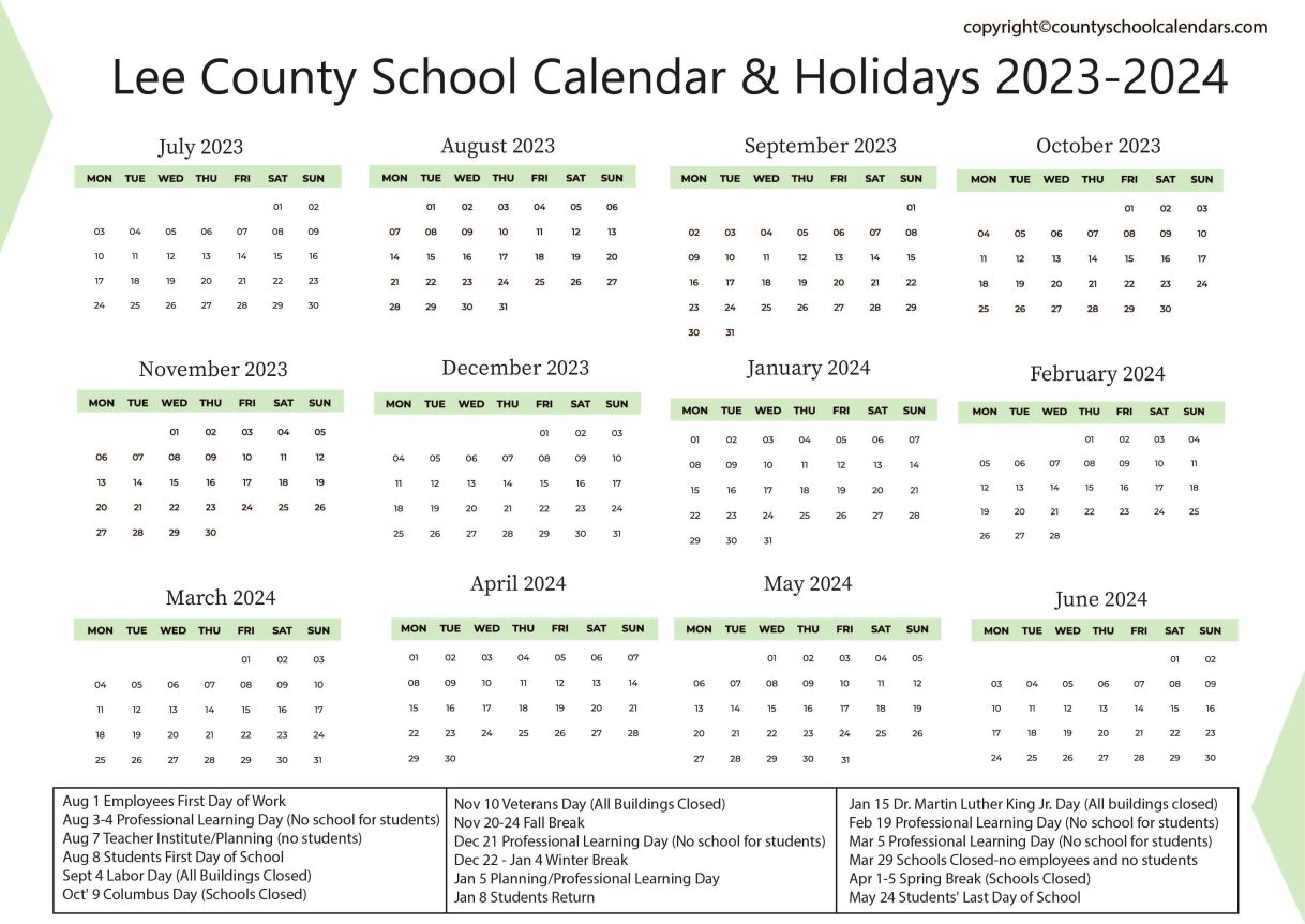 Lee County School Calendar & Holidays 20232024