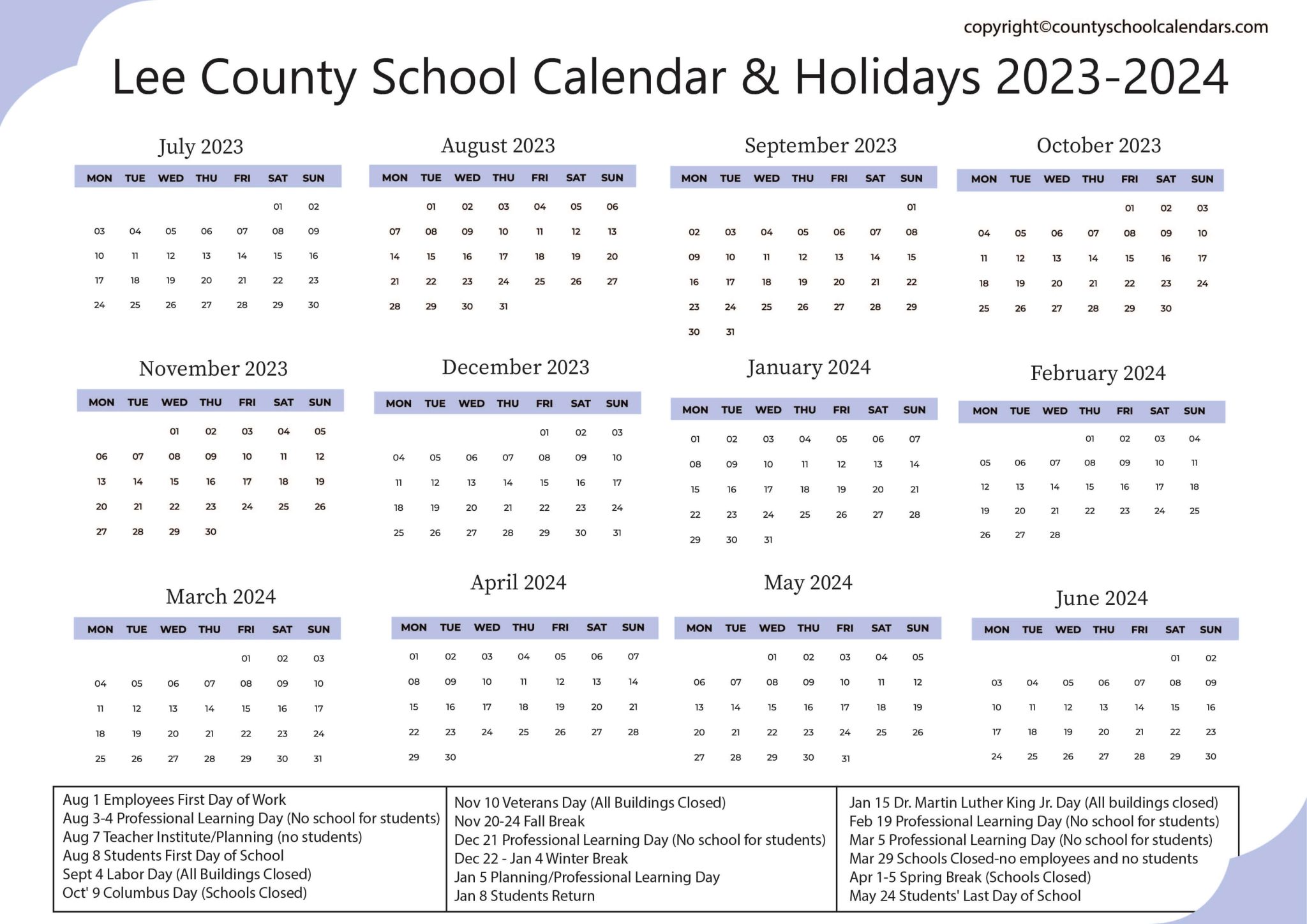 Lee County School Calendar & Holidays 2023-2024