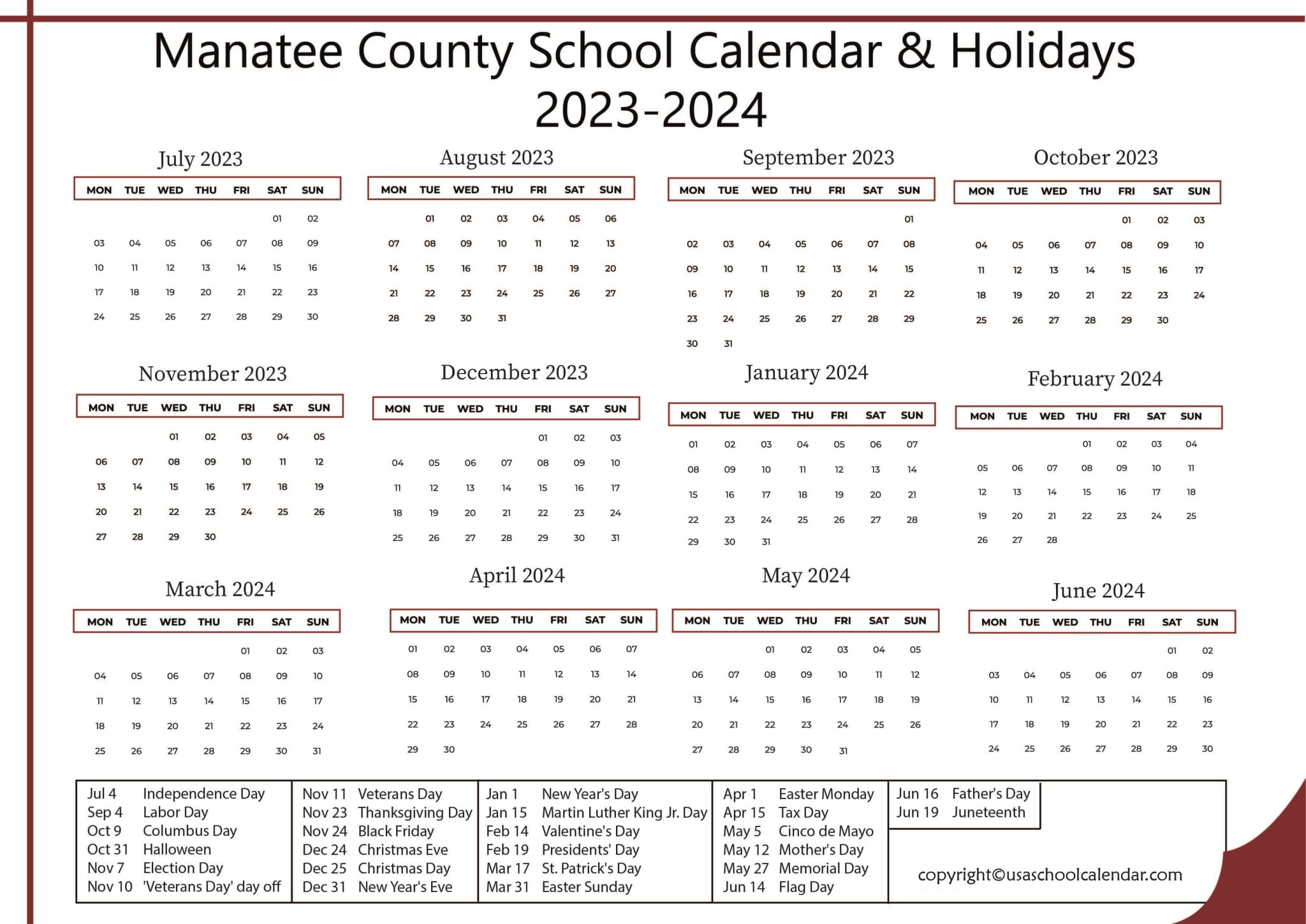 Manatee County School Calendar & Holidays 20232024