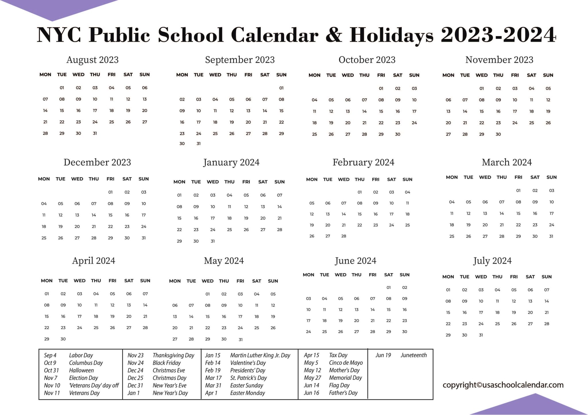 NYC Public School Calendar & Holidays 20232024