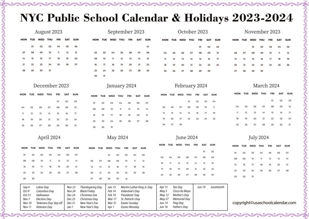 NYC Public School Calendar Holidays 2023 2024