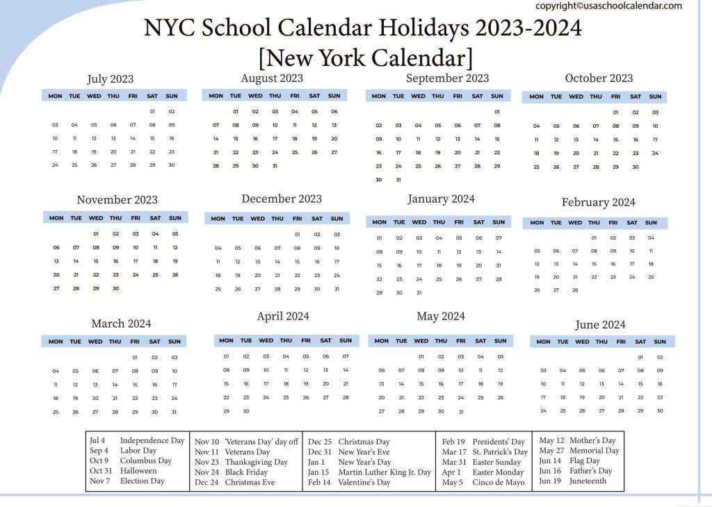 NYC School Calendar Holidays 2023 2024 New York Calendar 