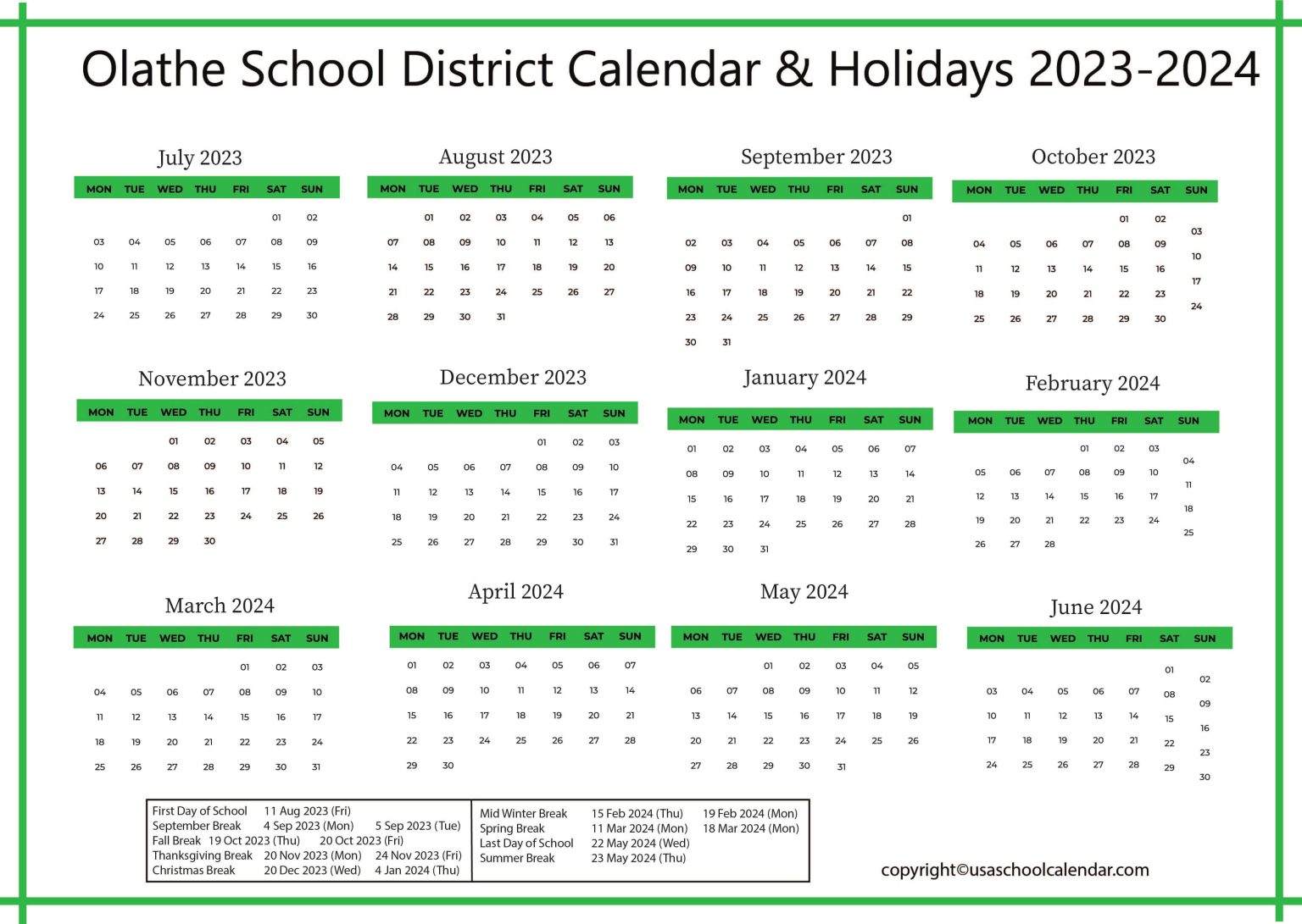 Olathe School District Calendar & Holidays 20232024
