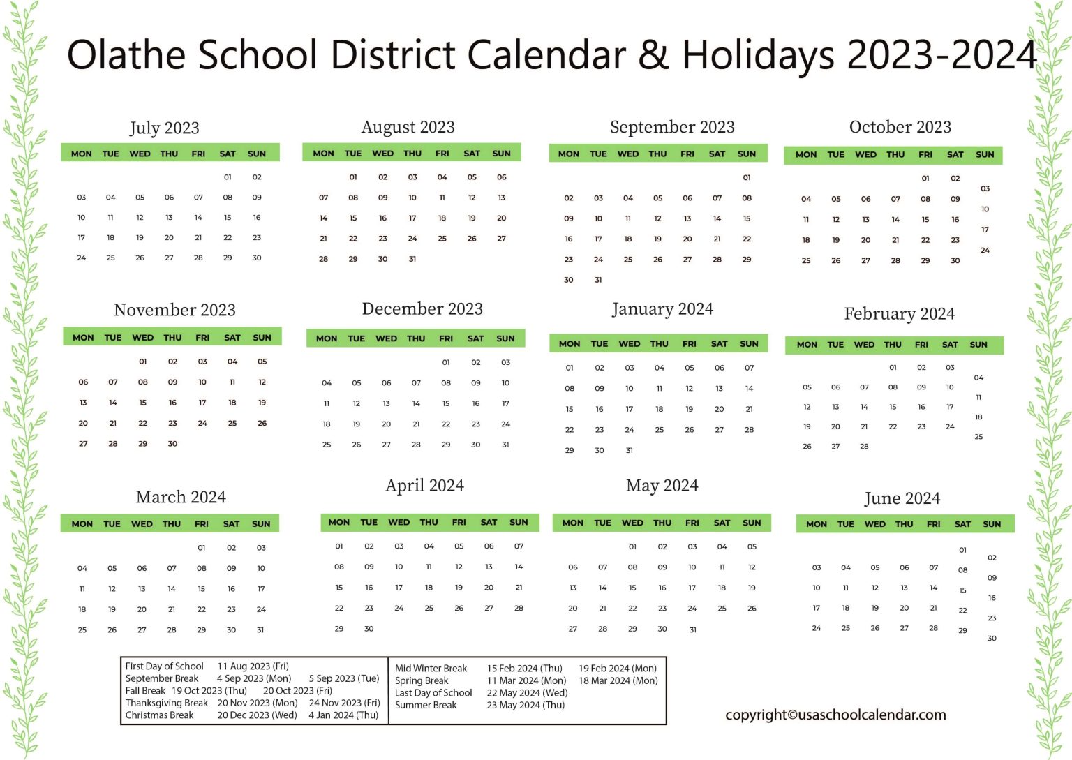 Olathe School District Calendar Holidays 2023 2024