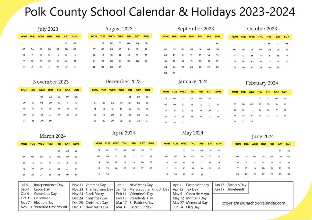 Polk County School Calendar Holidays 2023 2024