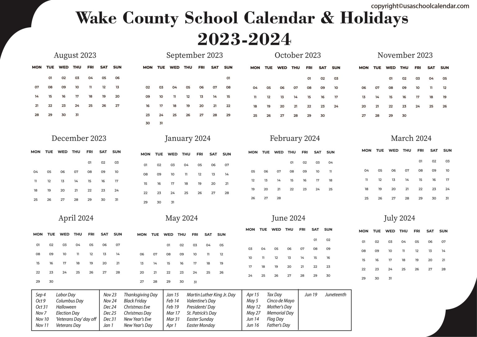 Wake County Traditional Calendar 202423 Janot Meredithe