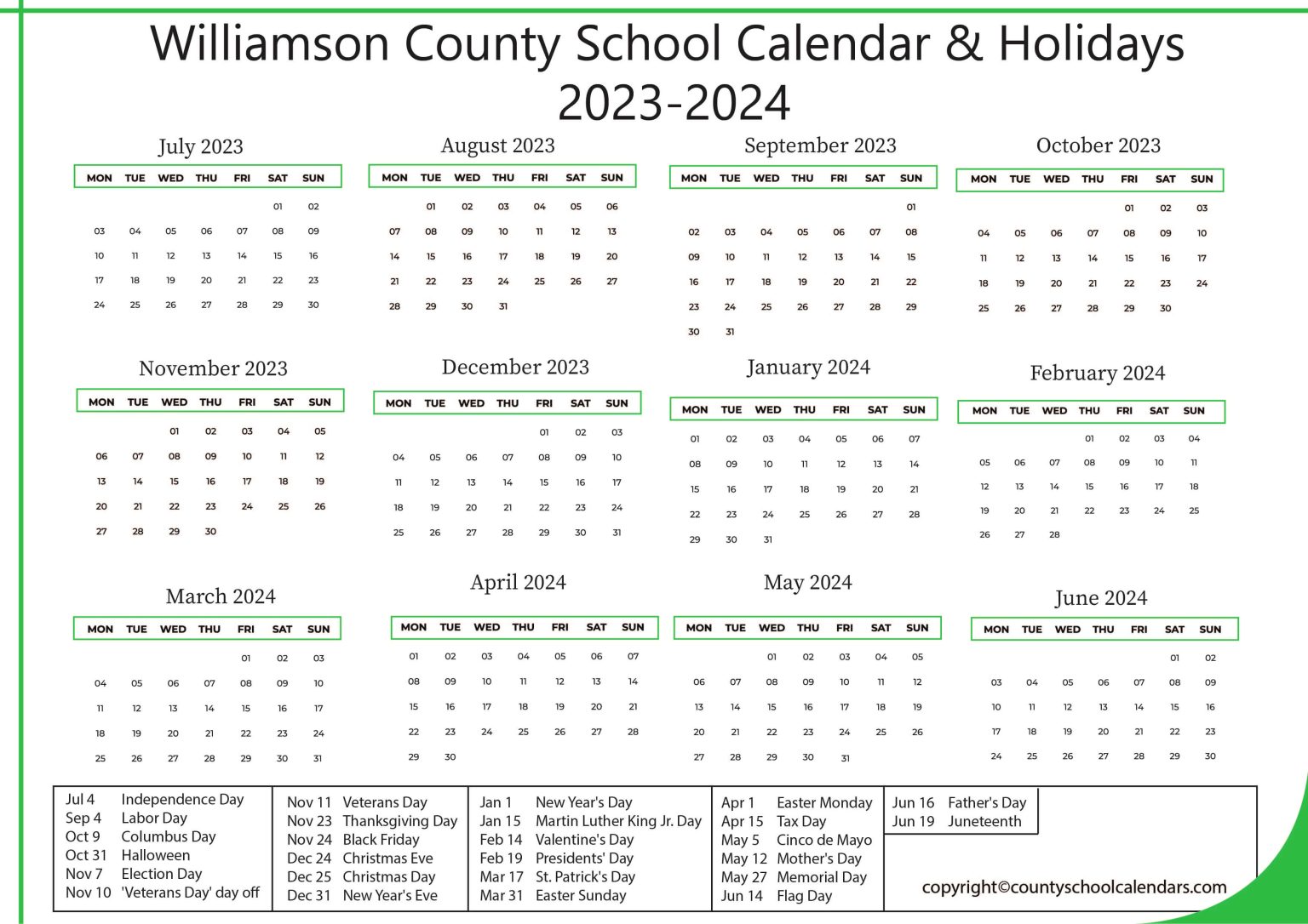 Williamson County School Calendar & Holidays 20232024