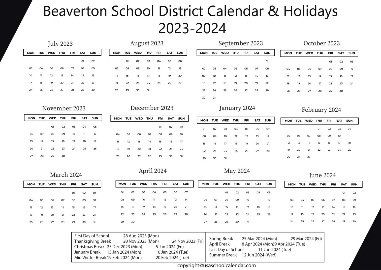 Beaverton School District Calendar & Holidays 20232024