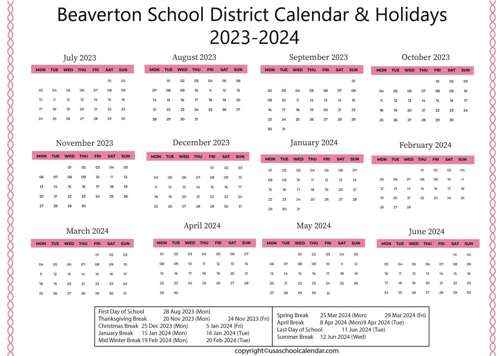 Beaverton Rural Schools Calendar