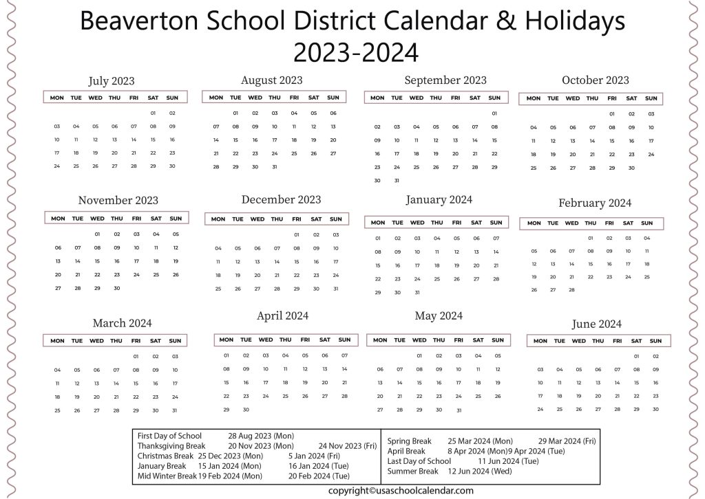 Beaverton School District Calendar