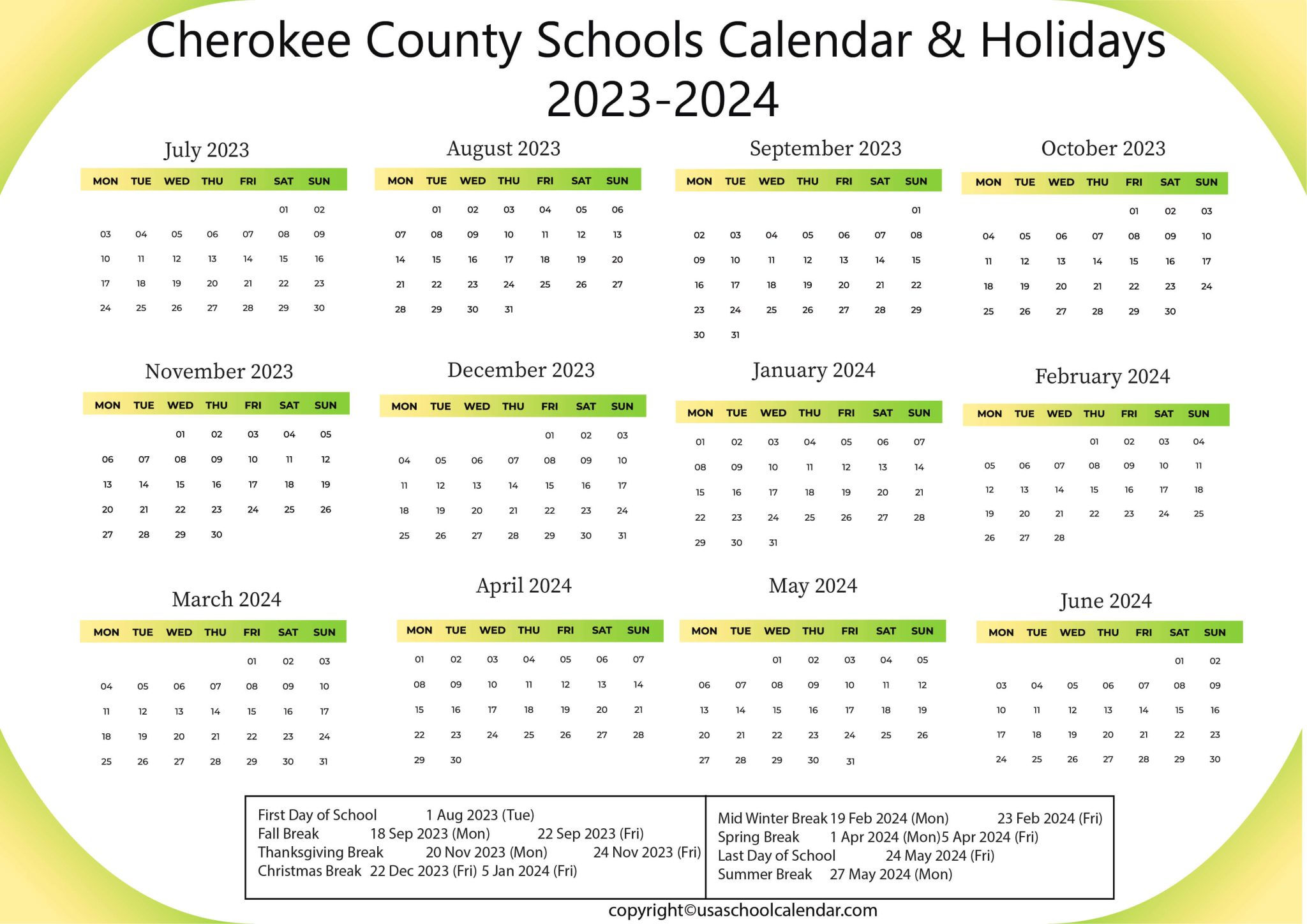Cherokee County Schools Calendar & Holidays 20232024
