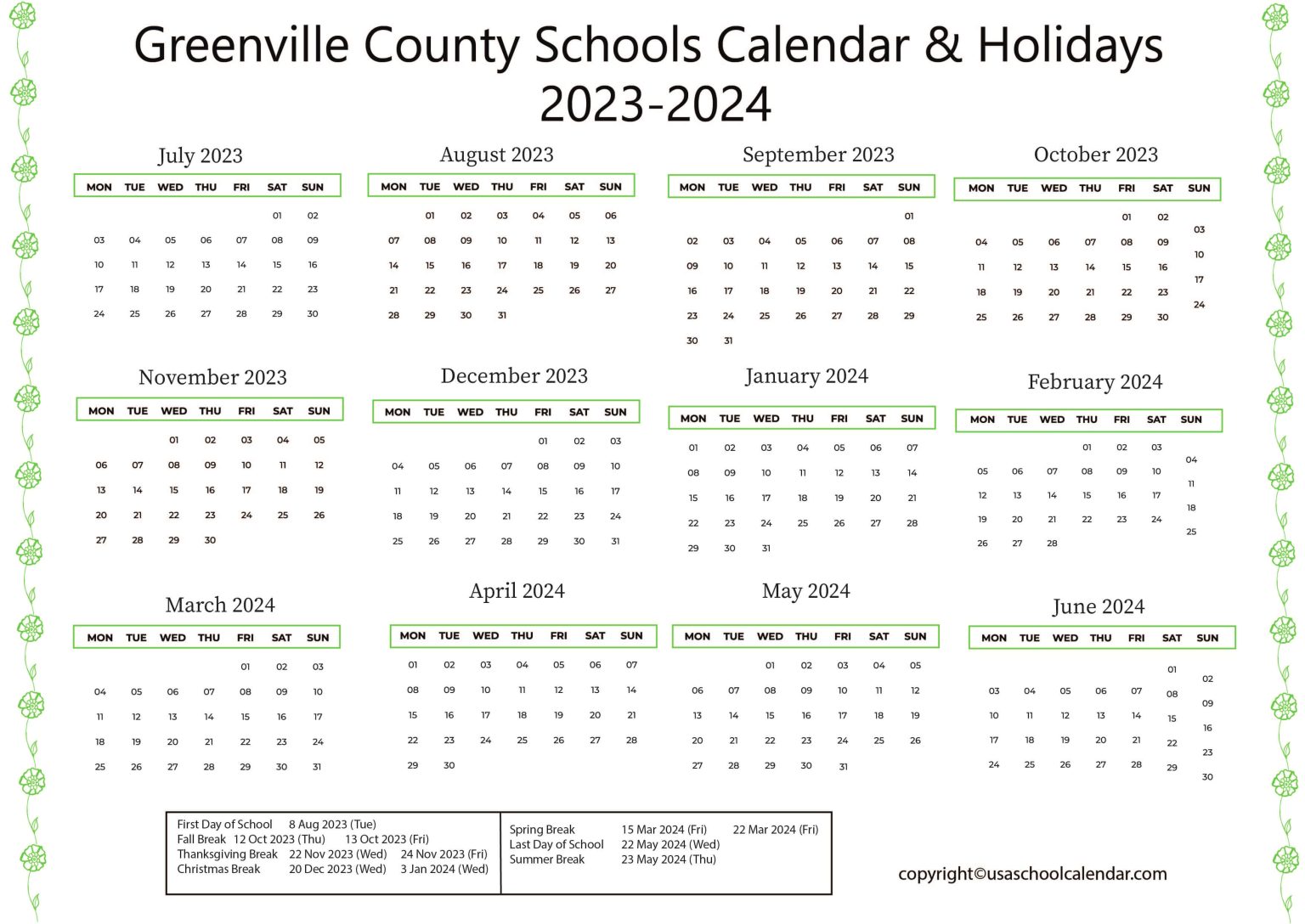 Greenville County Schools Calendar Holidays 2023 2024