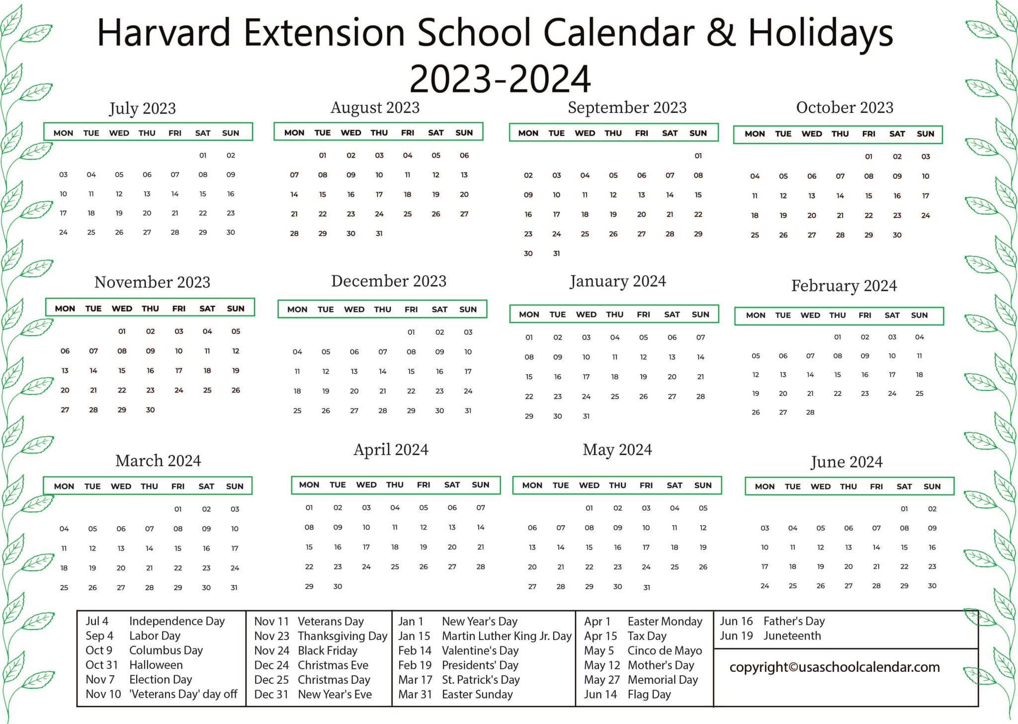 Harvard Extension School Calendar Holidays 2023 2024