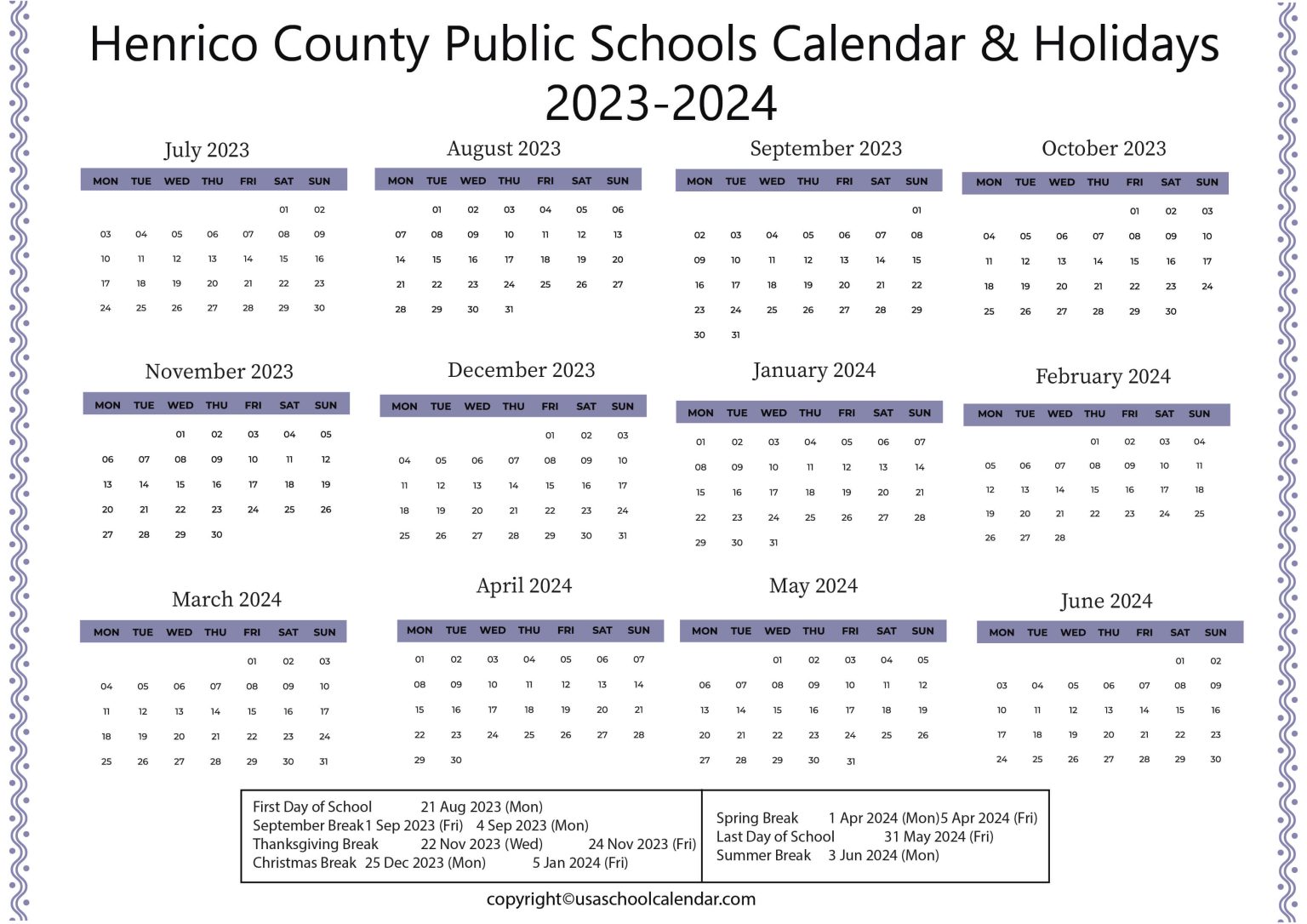 Henrico County Public Schools Calendar & Holidays 20232024
