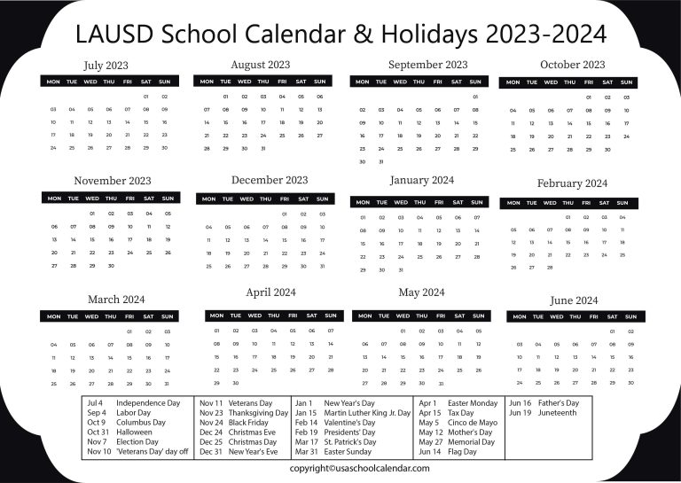 LAUSD School Calendar Holidays 2023 2024 Los Angeles USD 