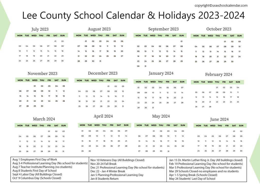 Lee County School Calendar