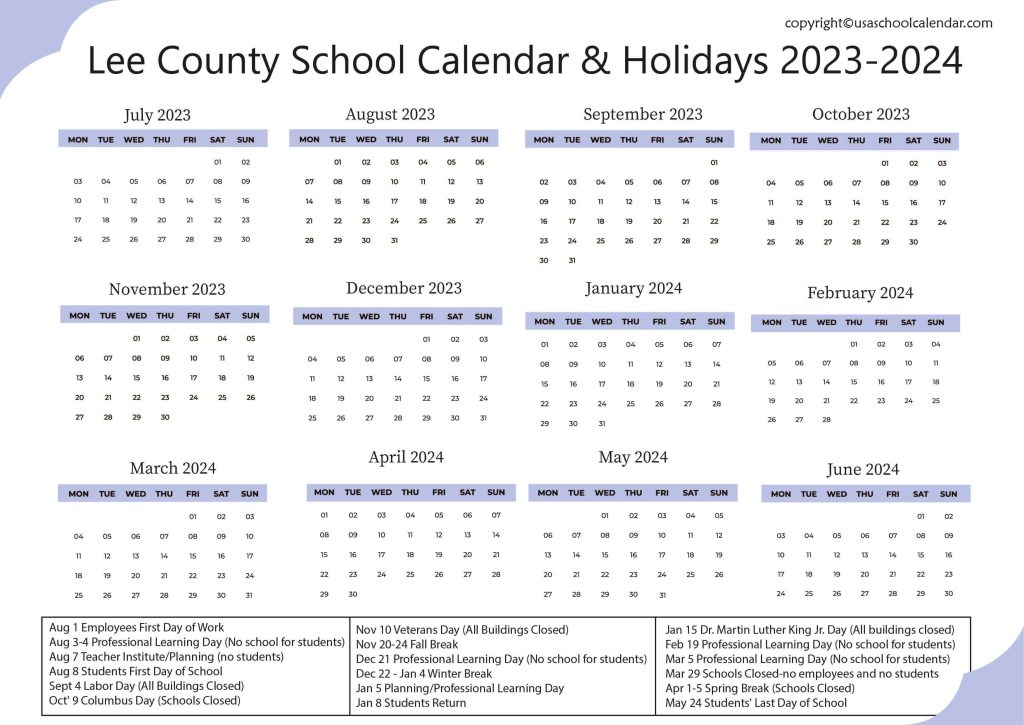 Lee Schools Calendar