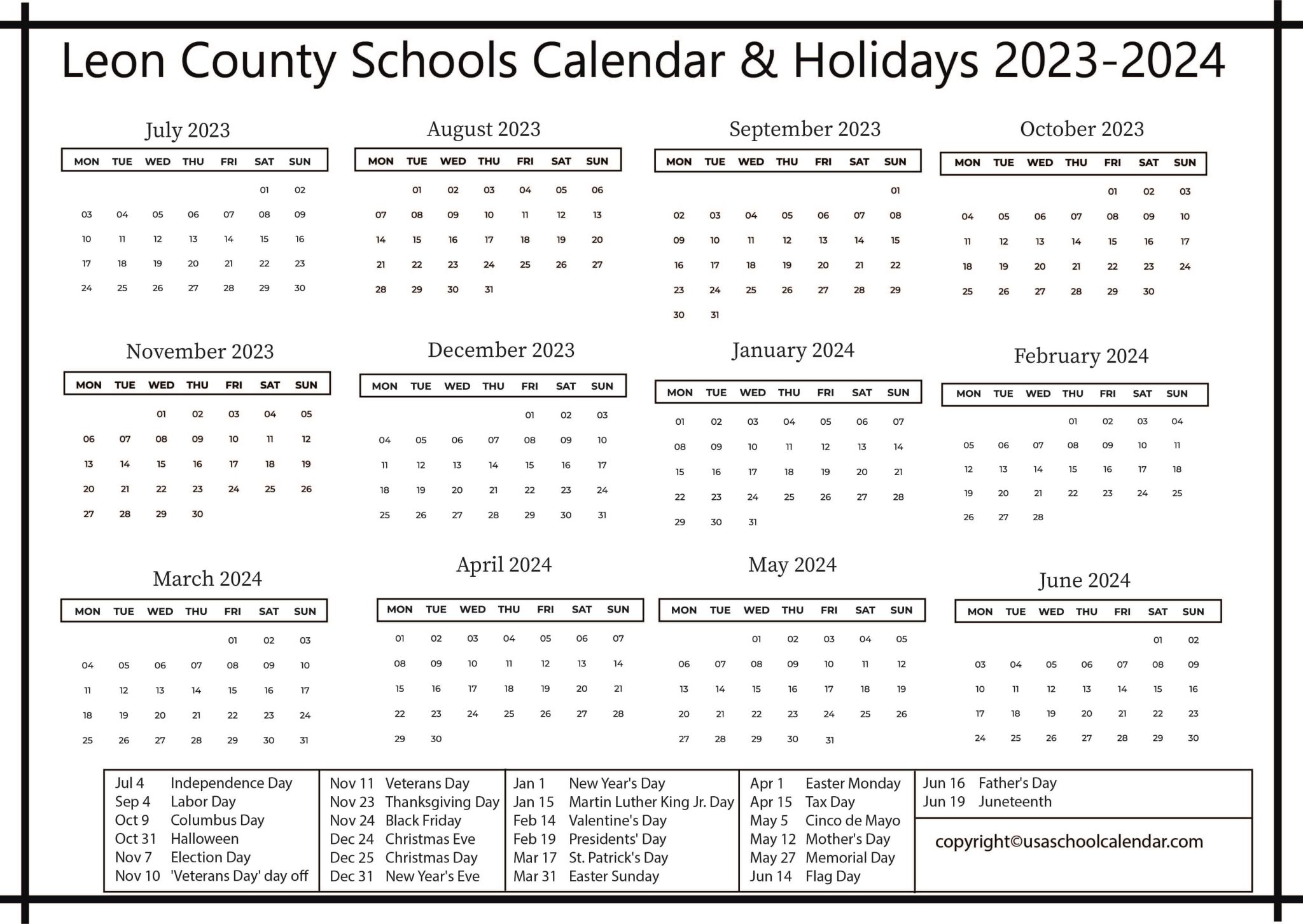 Leon County Schools Calendar & Holidays 2023-2024