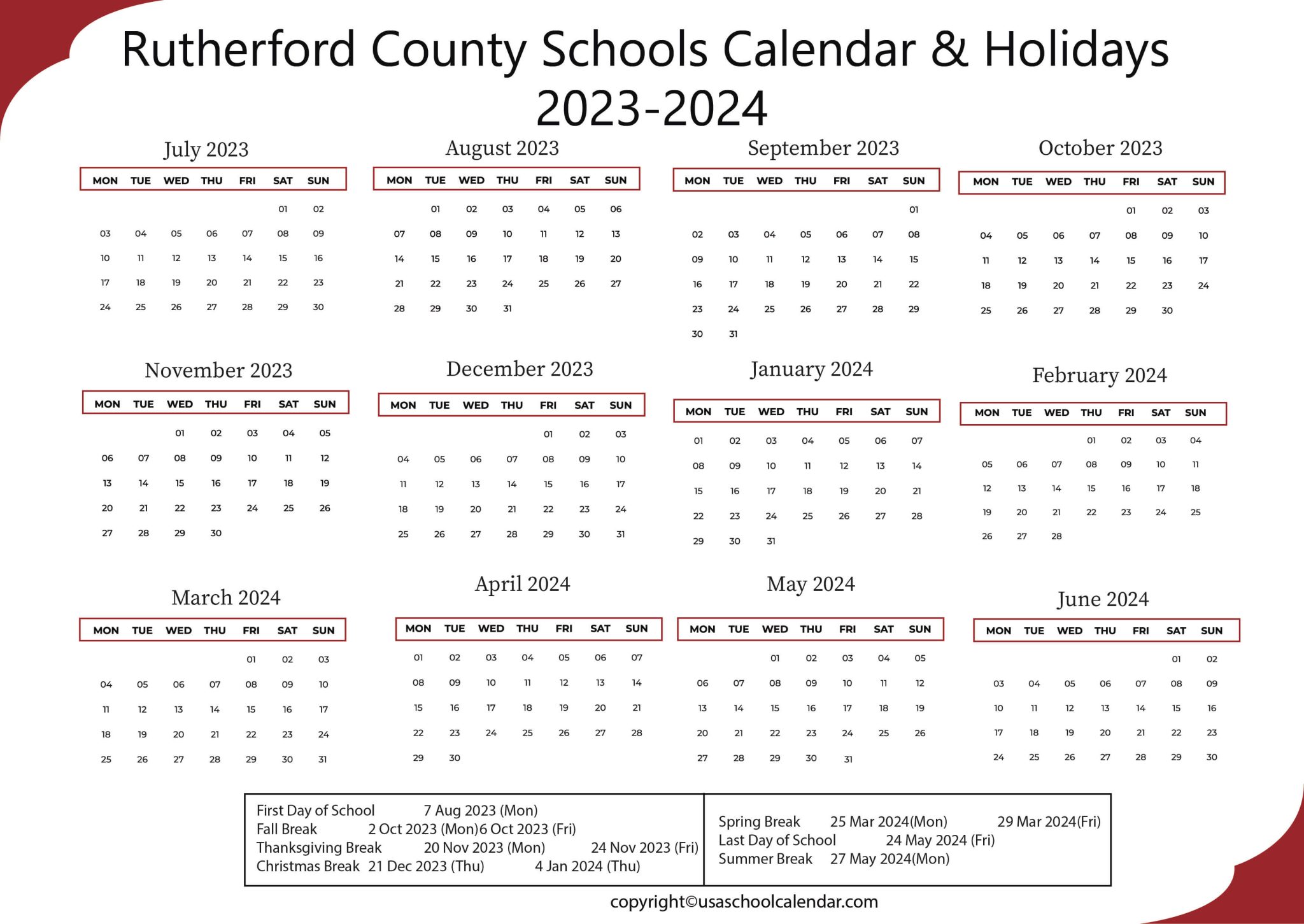 Rutherford County Schools Calendar & Holidays 20232024