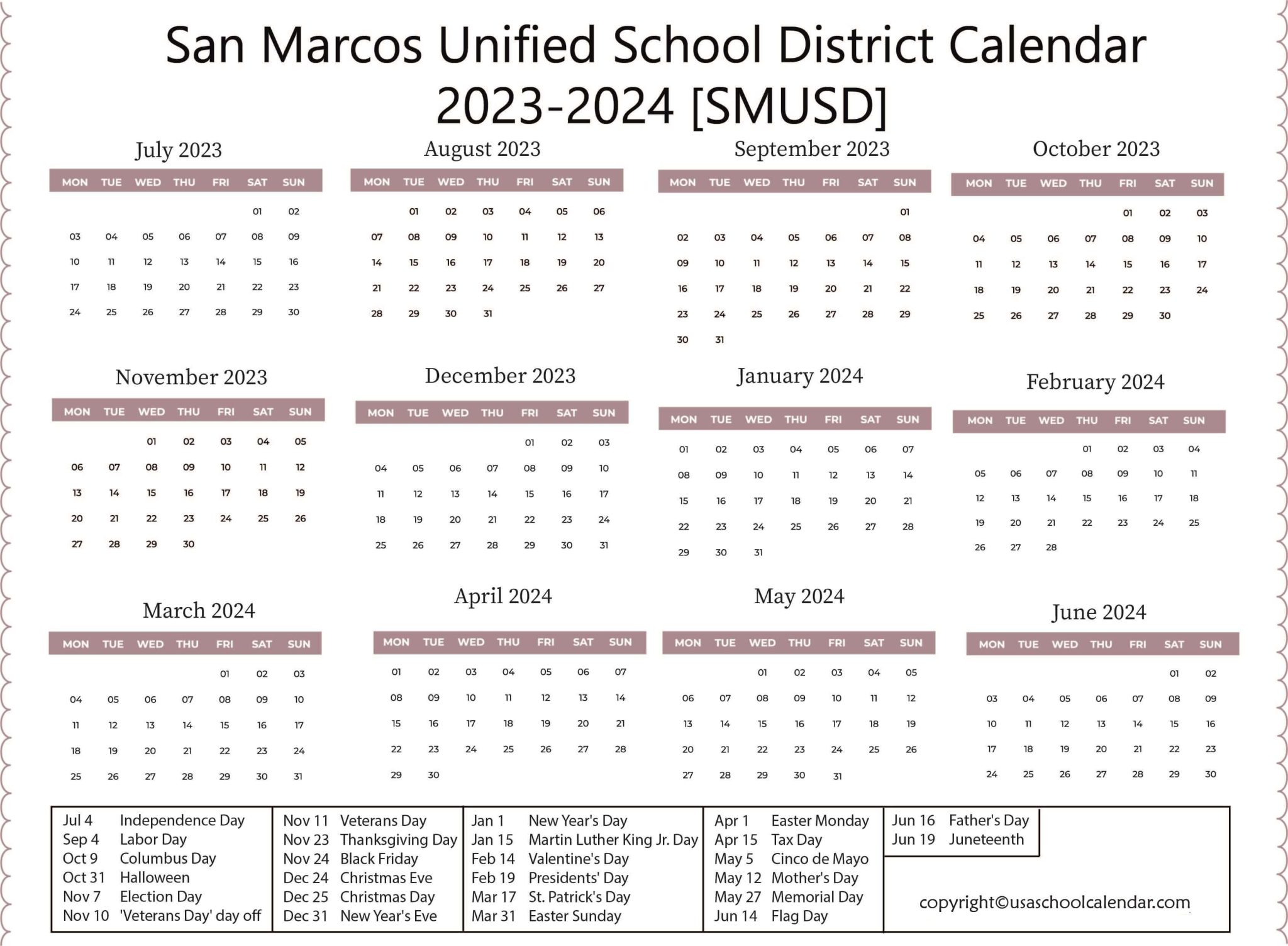 San Marcos Unified School District Calendar 202324 [SMUSD]
