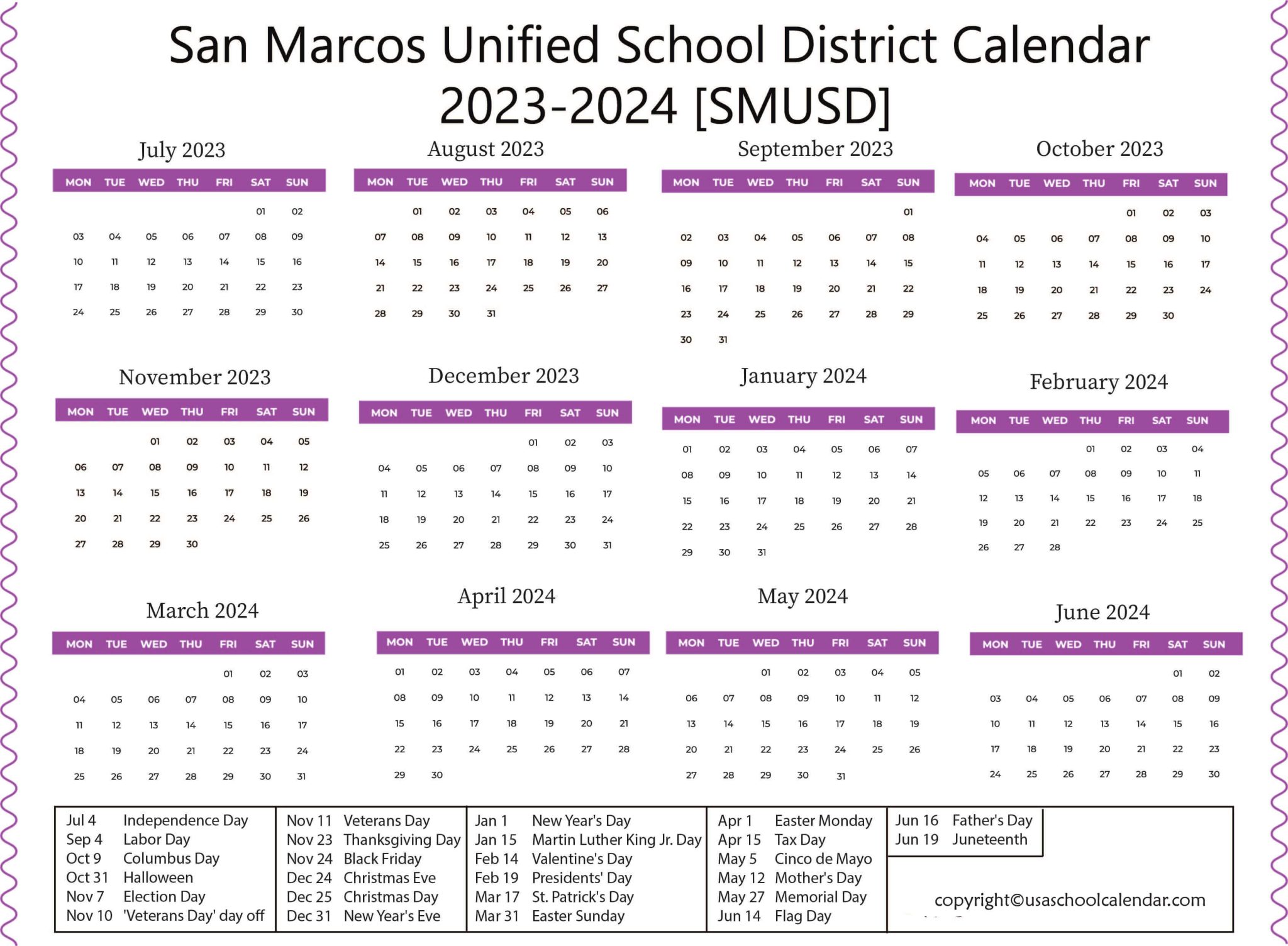 San Marcos Unified School District Calendar 2023-24 [SMUSD]