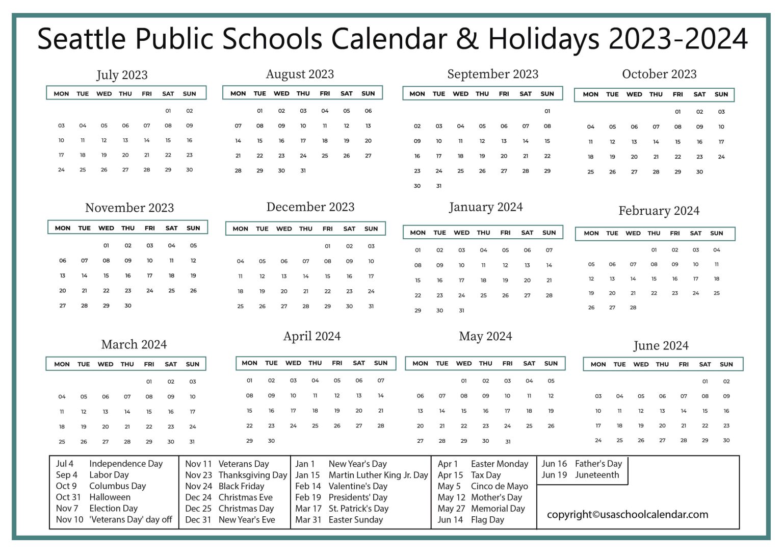 Seattle Public Schools Calendar & Holidays 20232024