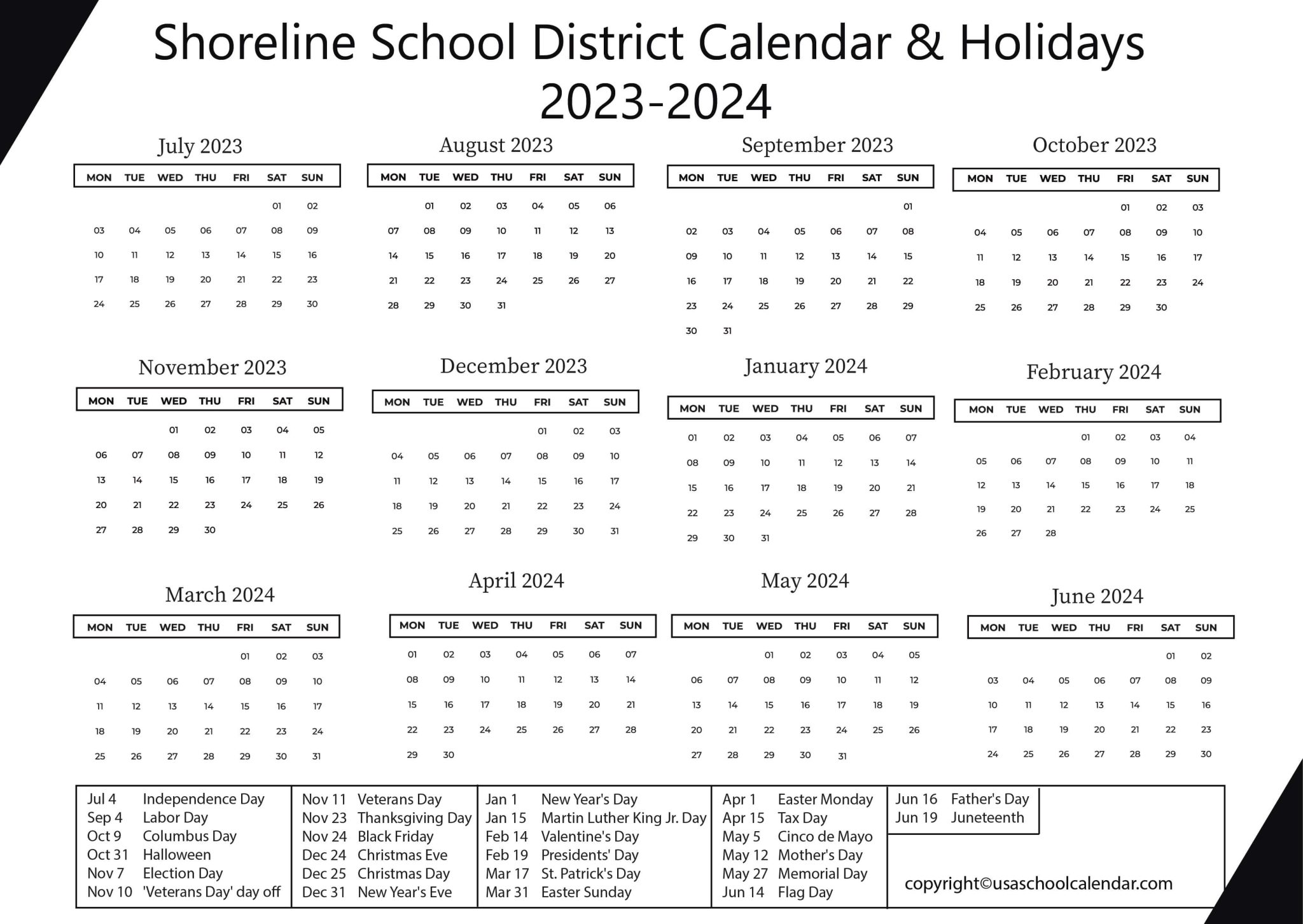 Shoreline School District Calendar & Holidays 20232024