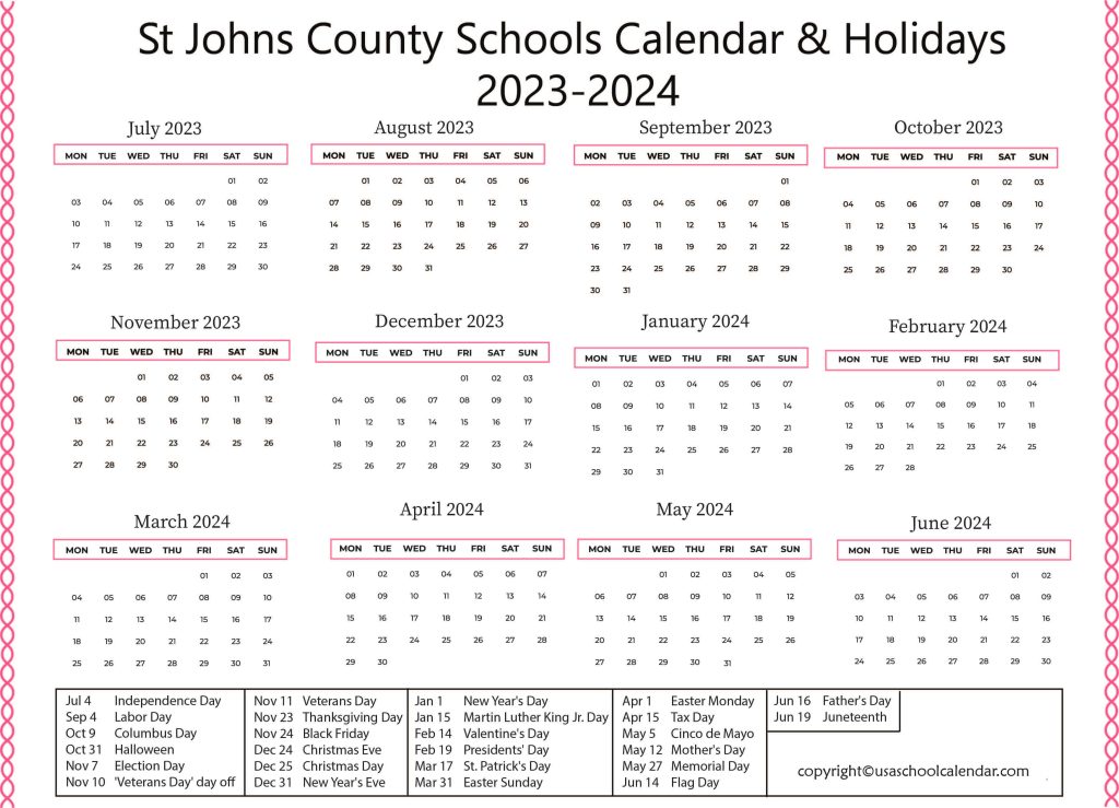 St Johns Schools Calendar