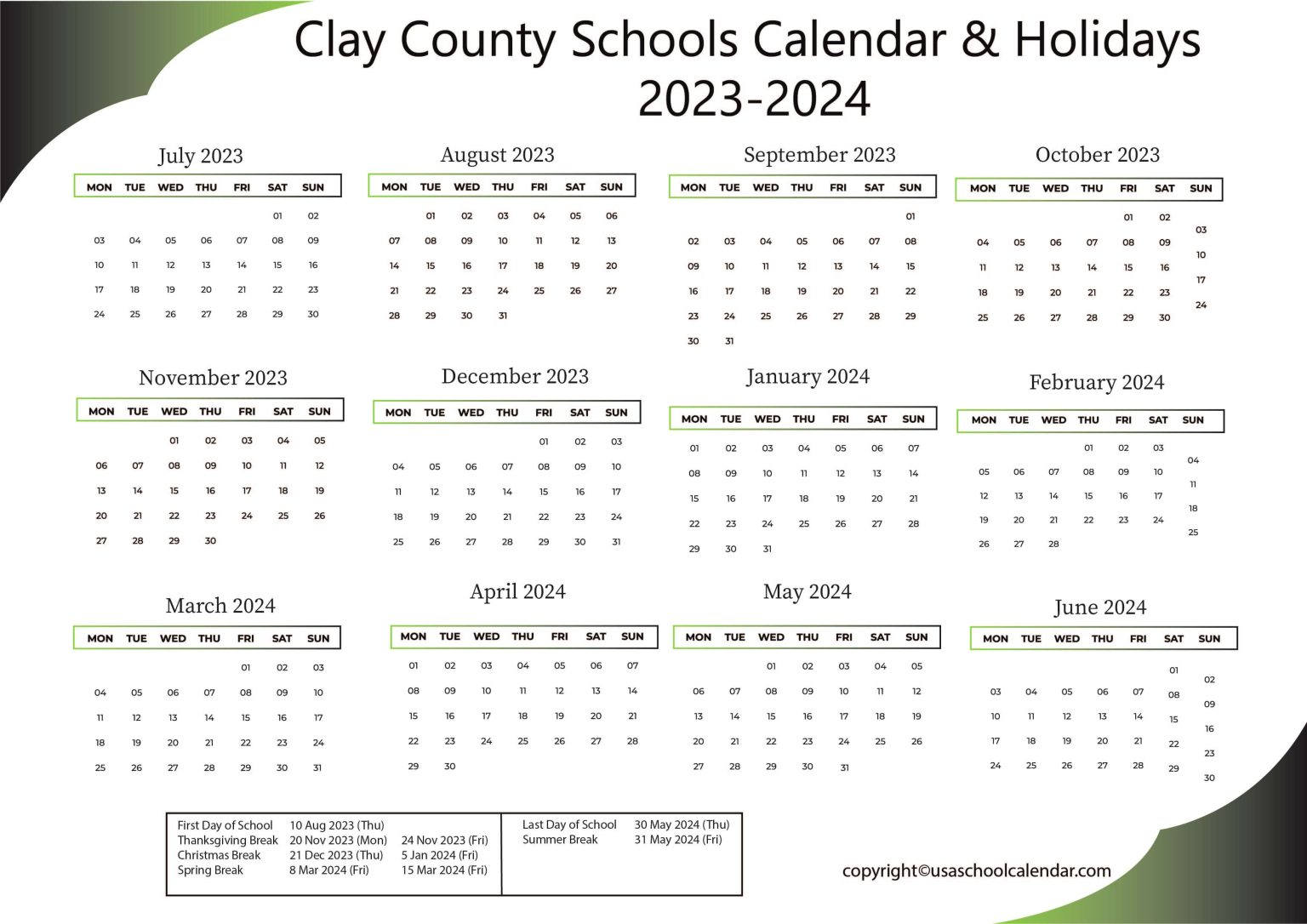 Clay County Schools Calendar & Holidays 20232024