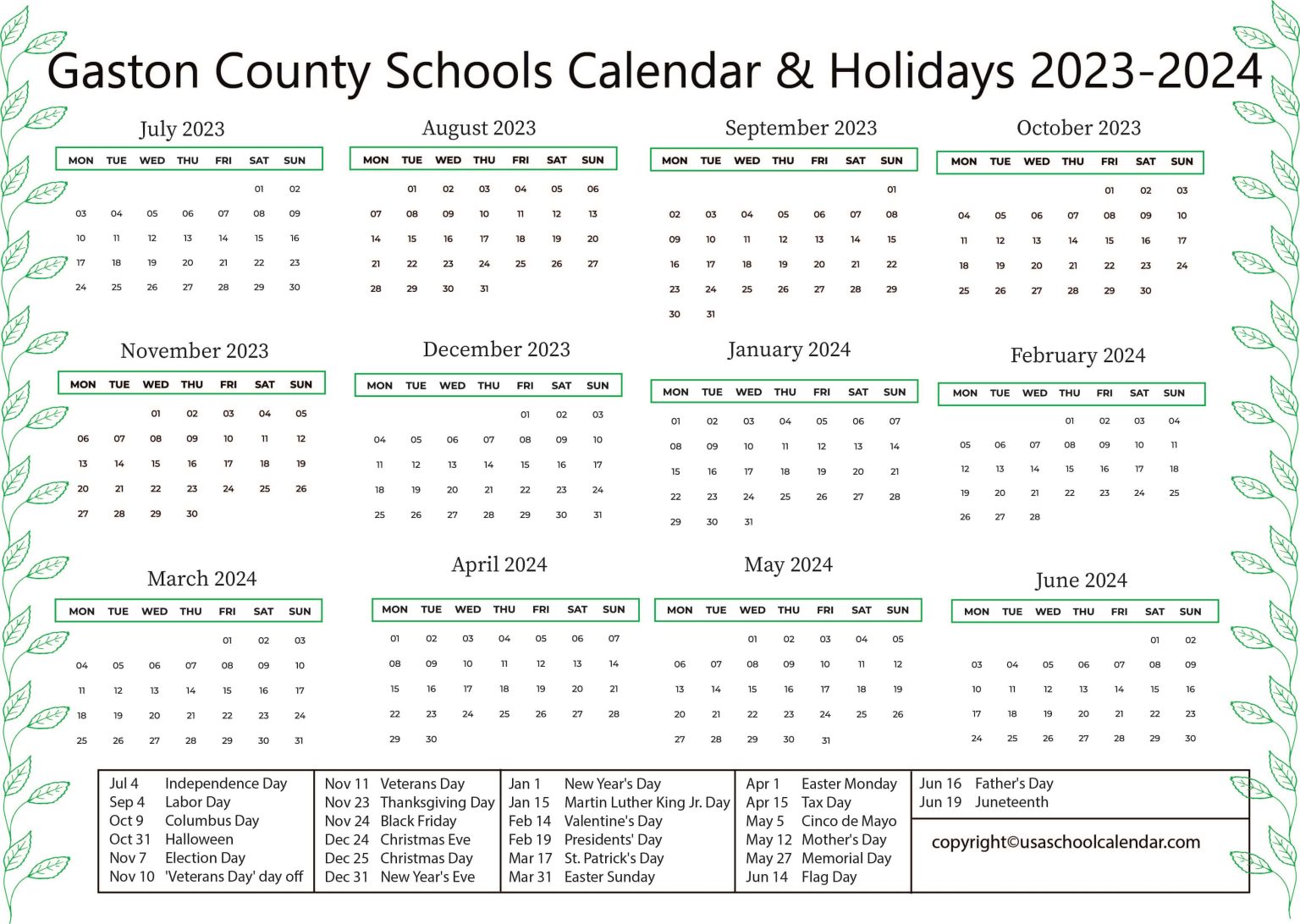 Gaston County Schools Calendar & Holidays 2023-2024