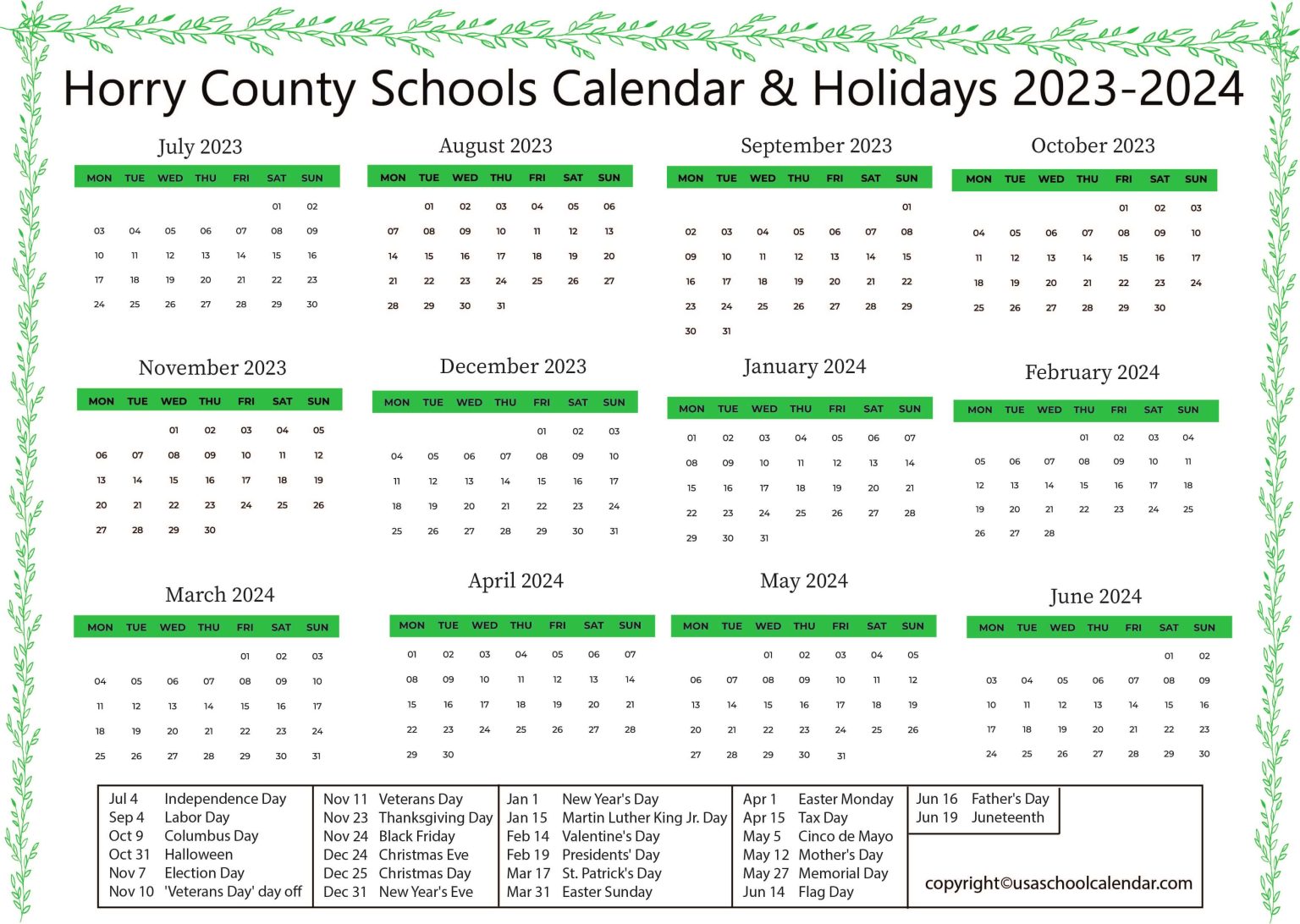 Horry County Schools Calendar & Holidays 2023-2024