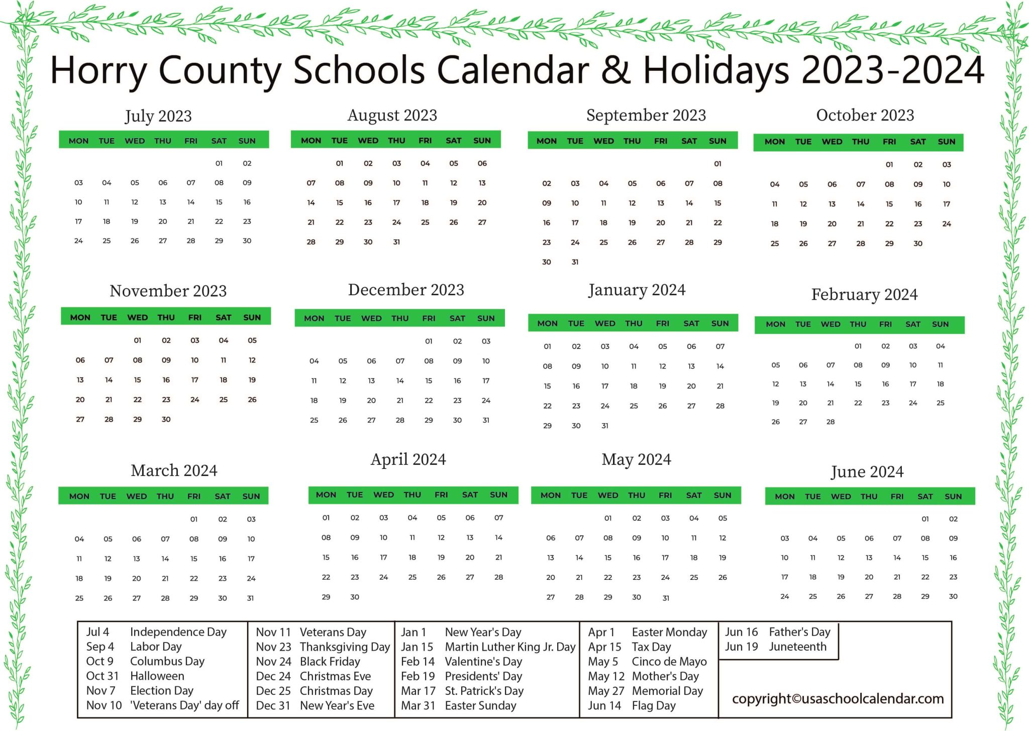 Horry County Schools Calendar Holidays 2023 2024