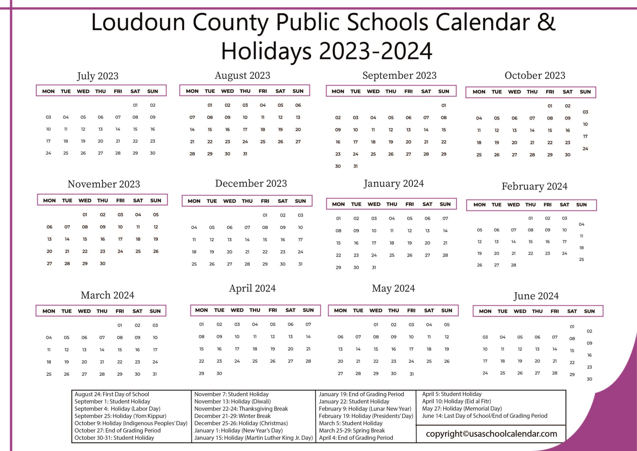 Loudoun County Public Schools Calendar Holidays 2023 2024