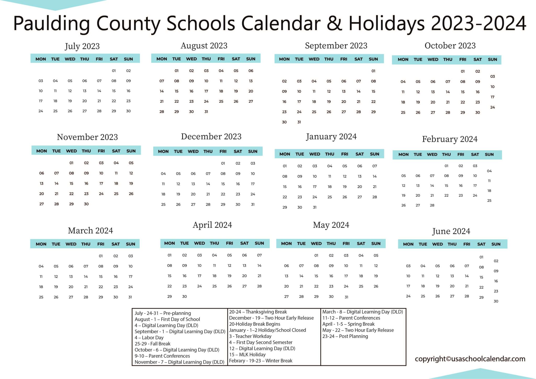 Paulding County Schools Calendar & Holidays 20232024